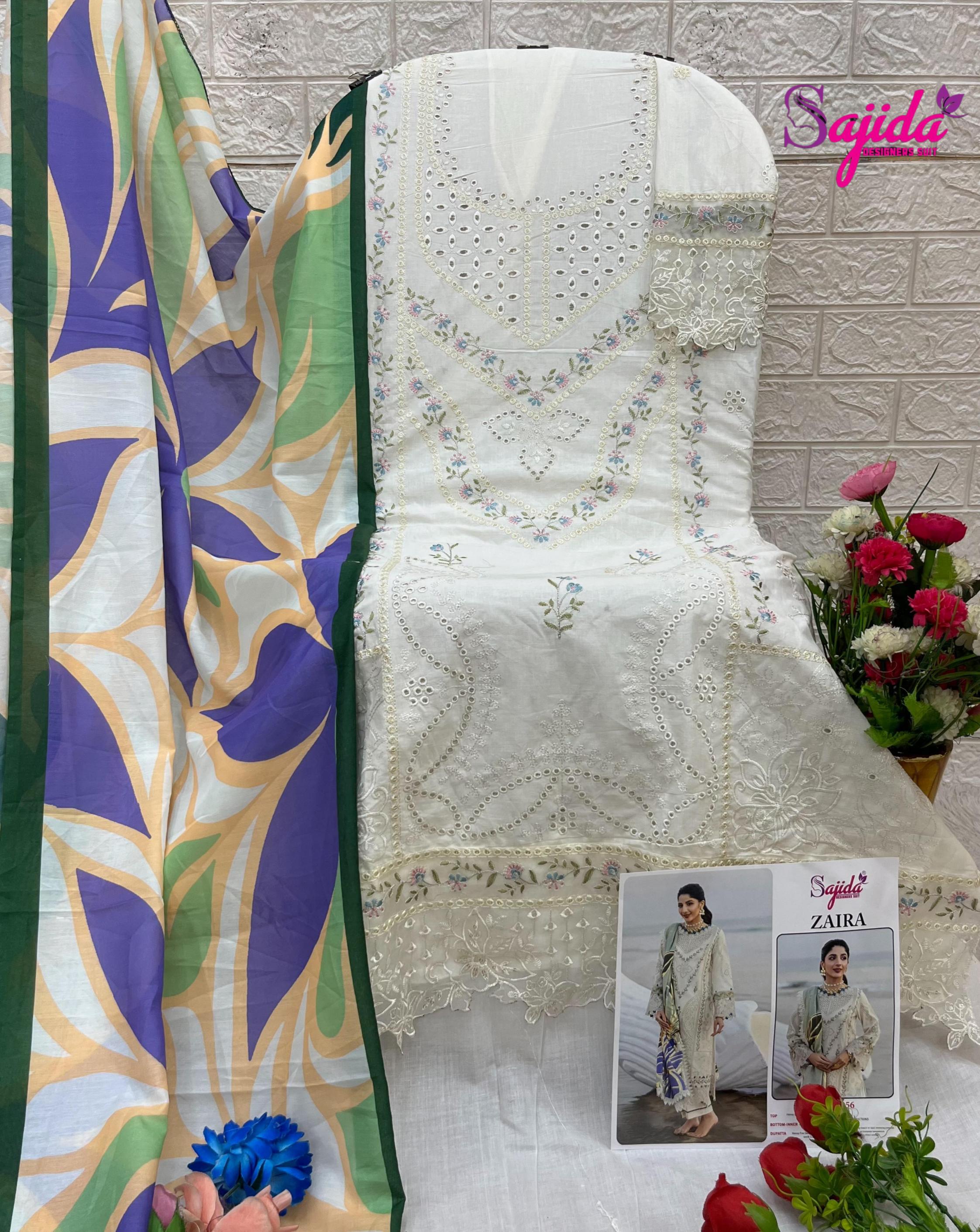 ZAIRA BY SAJIDA DESIGNER READYMADE BIG SIZE COTTON PAKISTANI 3PCS DRESS 