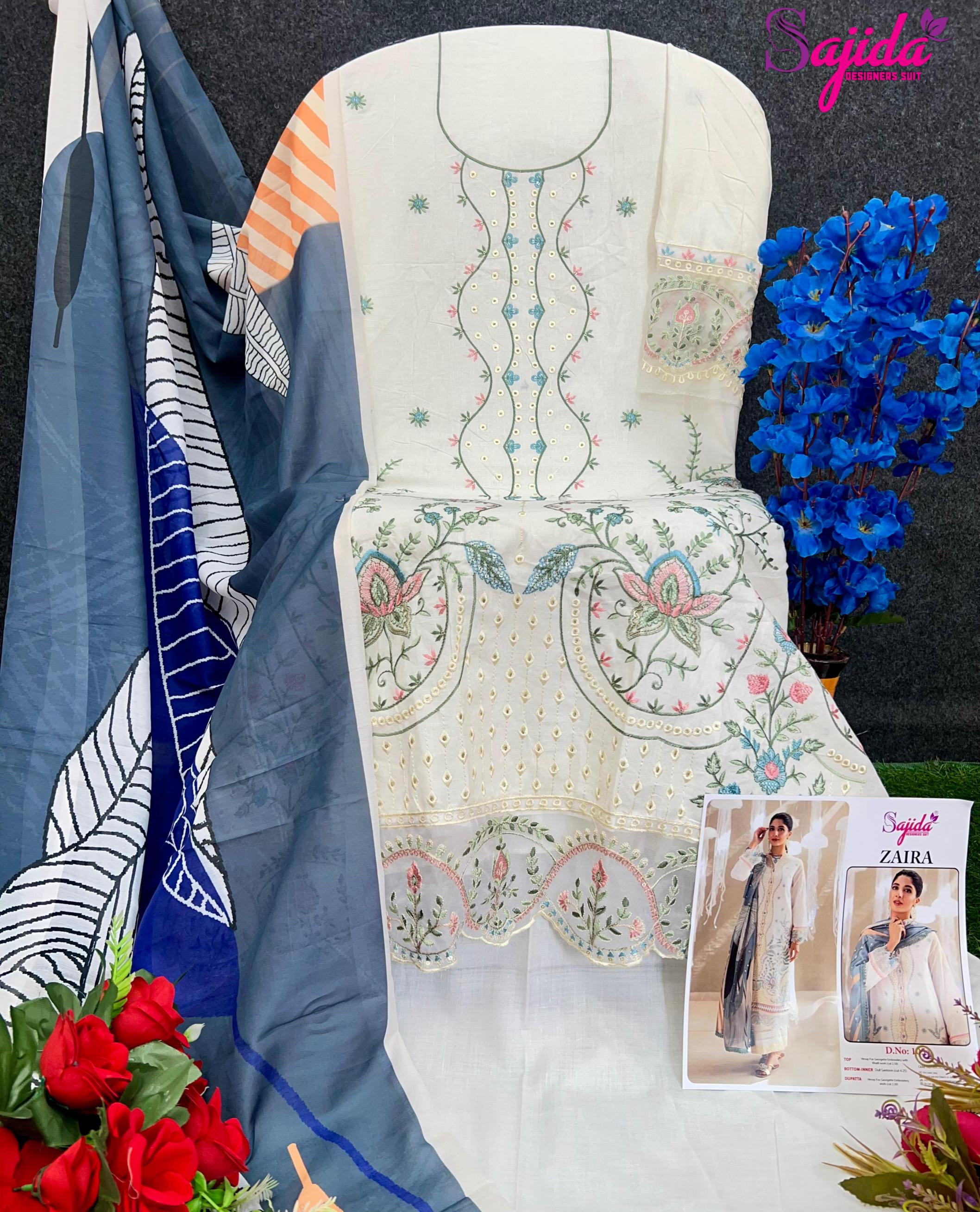 ZAIRA BY SAJIDA DESIGNER READYMADE BIG SIZE COTTON PAKISTANI 3PCS DRESS 
