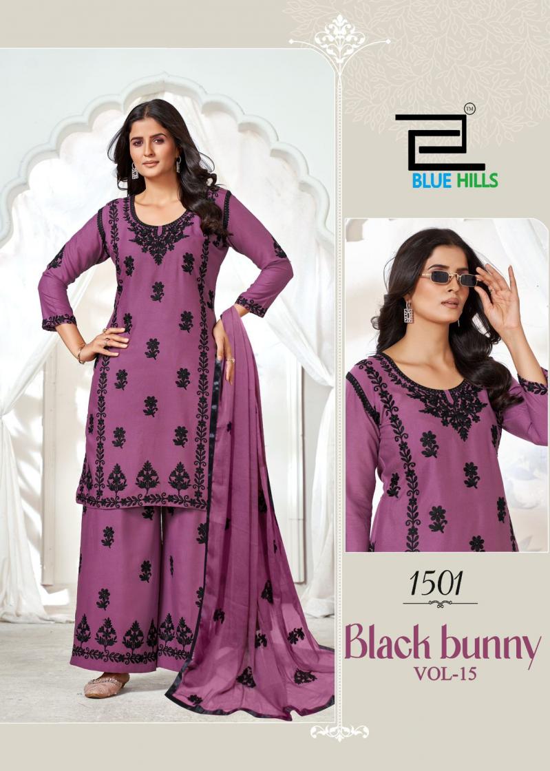 BLUE HILLS BLACK BUNNY VOL 15 RAYON PRETTY LOOK FULL STITCH PLUS SIZE PLAZZO STYLE SUITS 