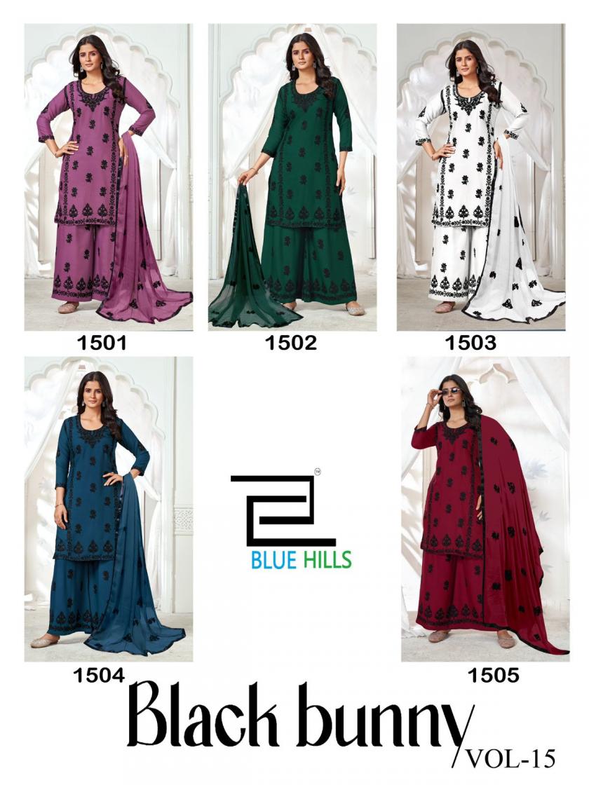 BLUE HILLS BLACK BUNNY VOL 15 RAYON PRETTY LOOK FULL STITCH PLUS SIZE PLAZZO STYLE SUITS 