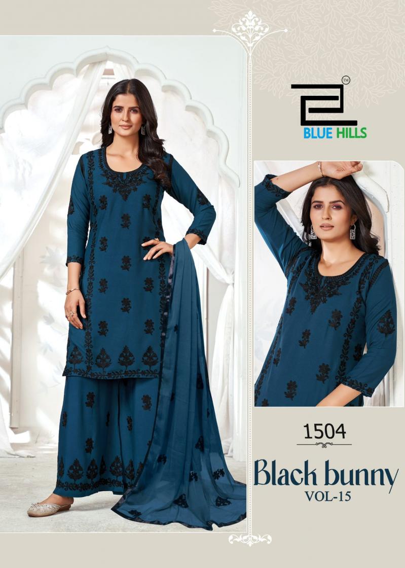 BLUE HILLS BLACK BUNNY VOL 15 RAYON PRETTY LOOK FULL STITCH PLUS SIZE PLAZZO STYLE SUITS 