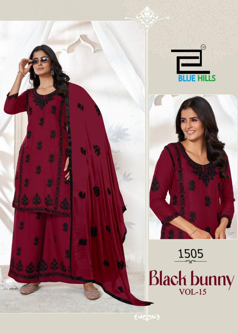 BLUE HILLS BLACK BUNNY VOL 15 RAYON PRETTY LOOK FULL STITCH PLUS SIZE PLAZZO STYLE SUITS 