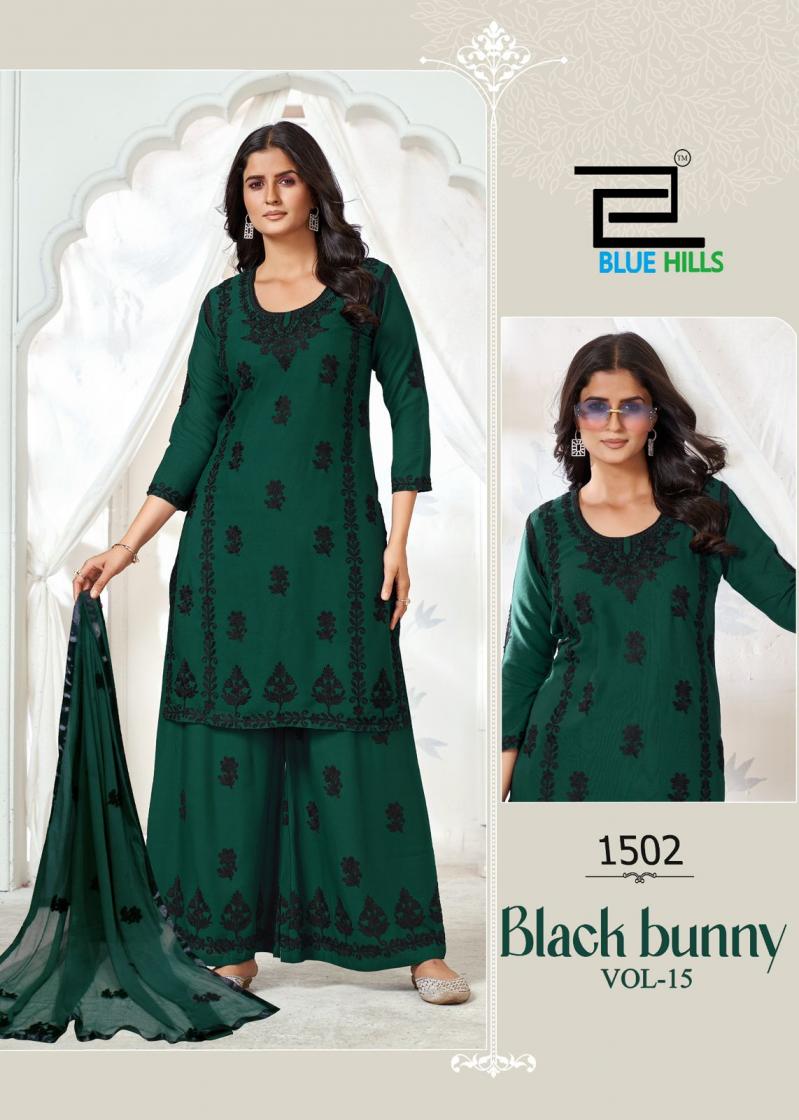 BLUE HILLS BLACK BUNNY VOL 15 RAYON PRETTY LOOK FULL STITCH PLUS SIZE PLAZZO STYLE SUITS 
