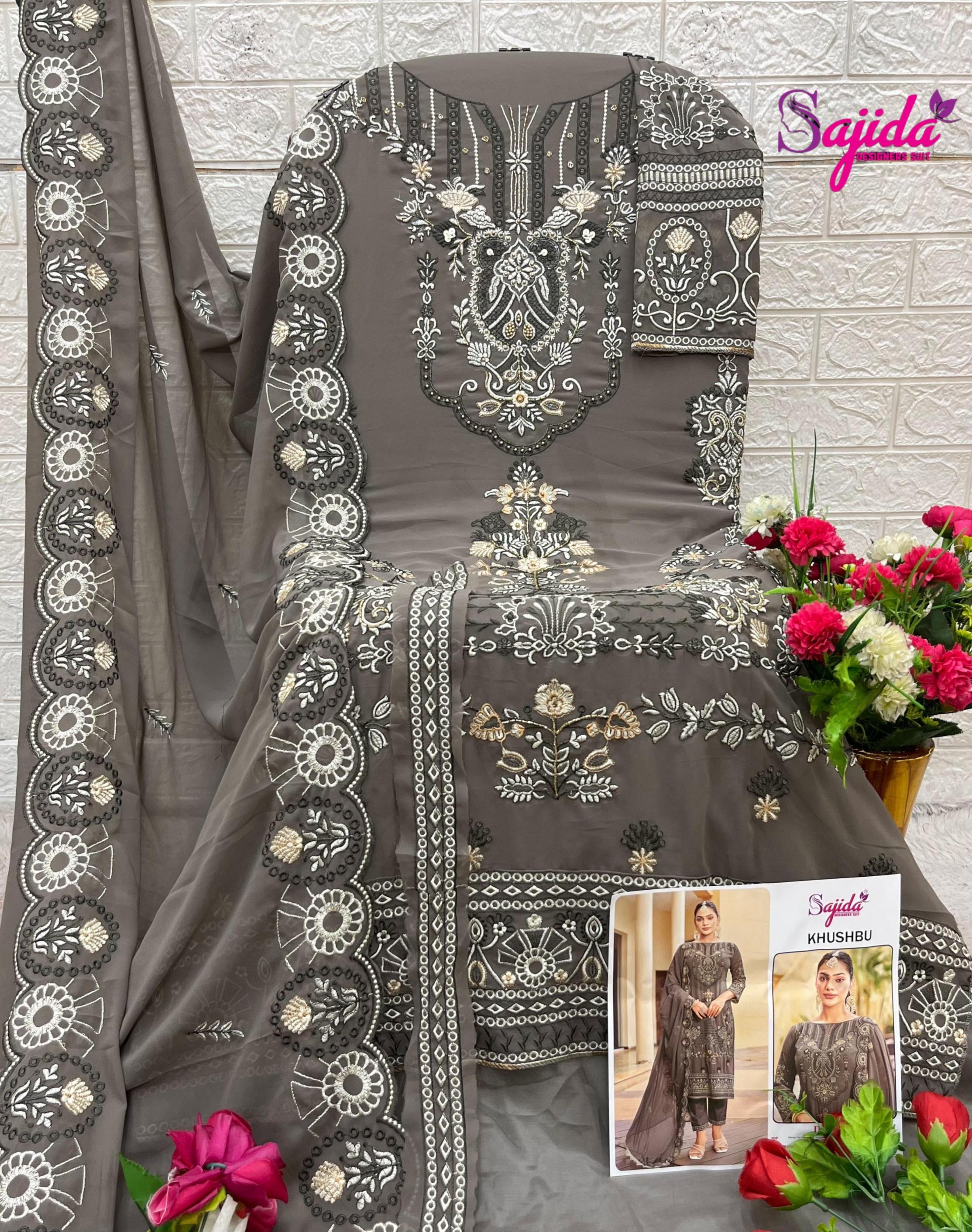 khushbu sajida designer 1030-1032 full stitch georgette plus size pakistani 3pcs dress