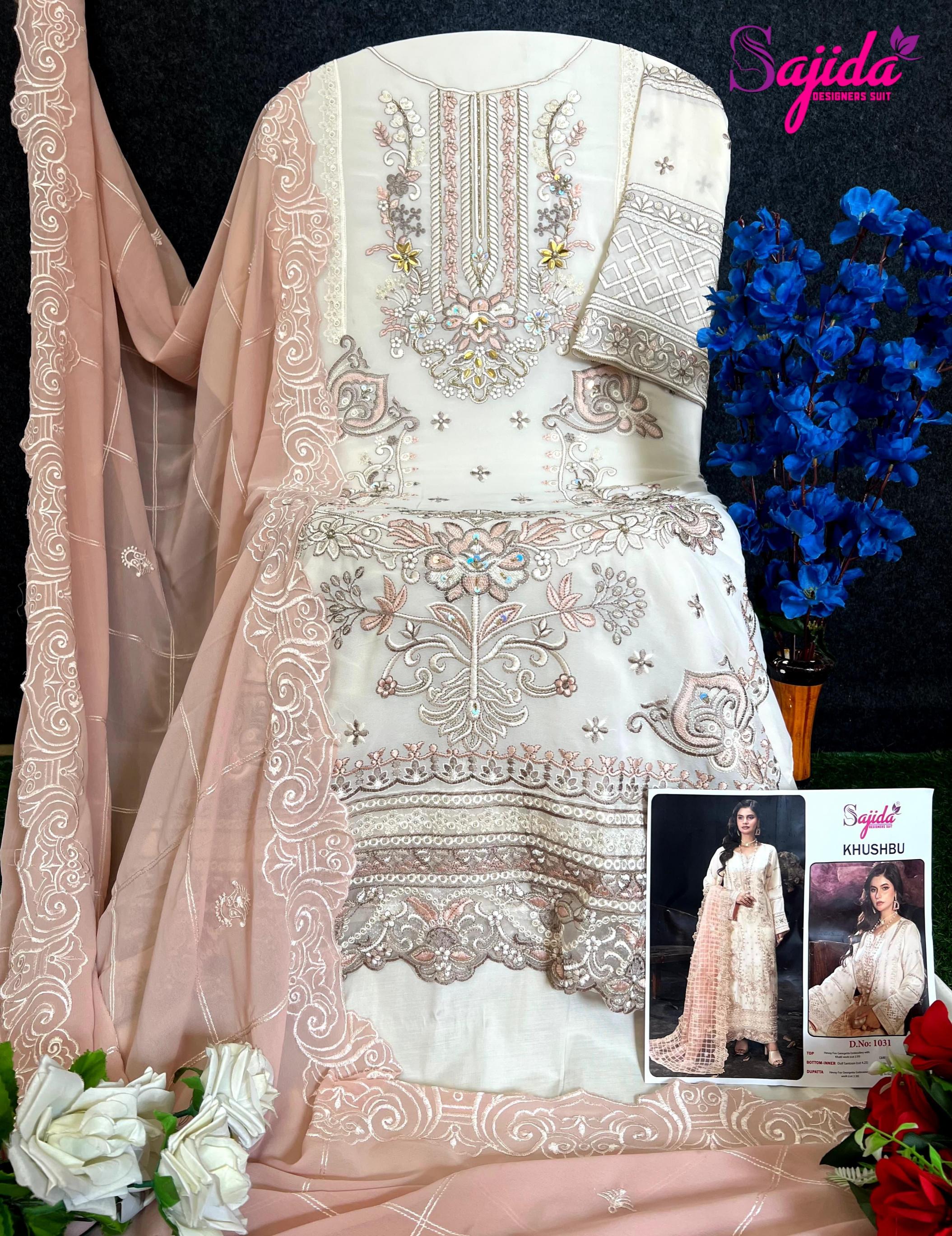 khushbu sajida designer 1030-1032 full stitch georgette plus size pakistani 3pcs dress
