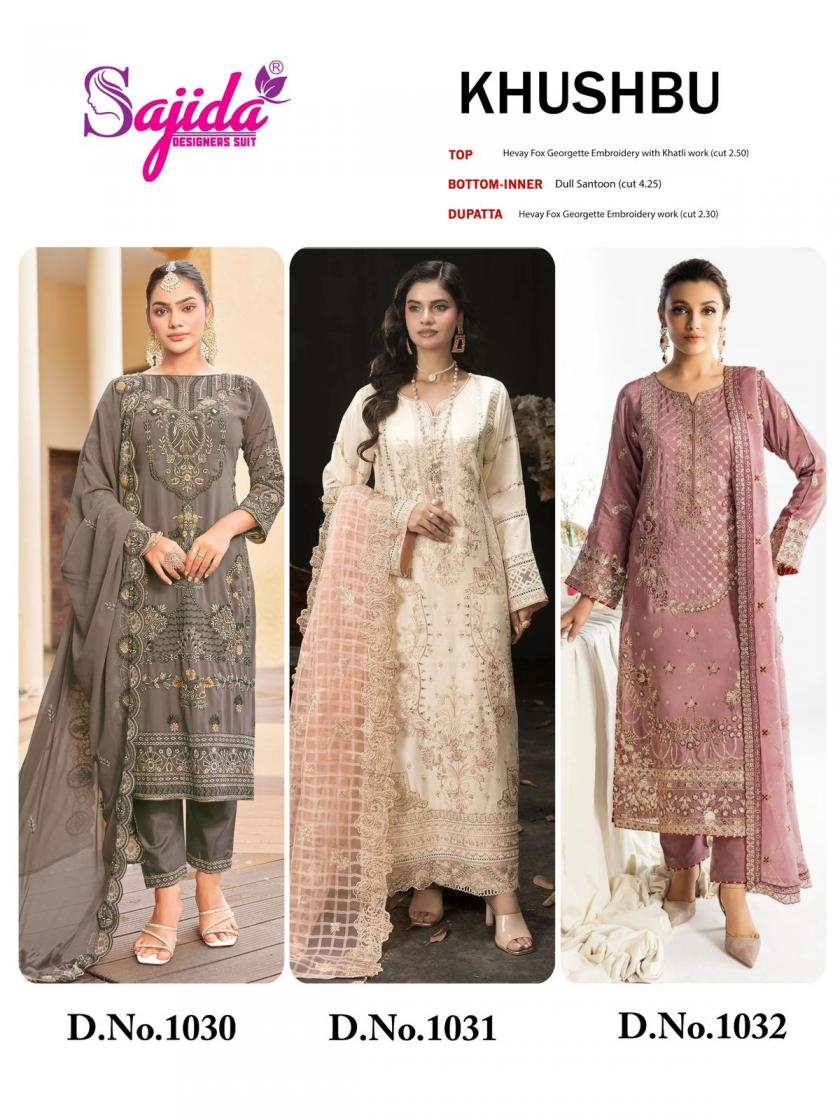 khushbu sajida designer 1030-1032 full stitch georgette plus size pakistani 3pcs dress