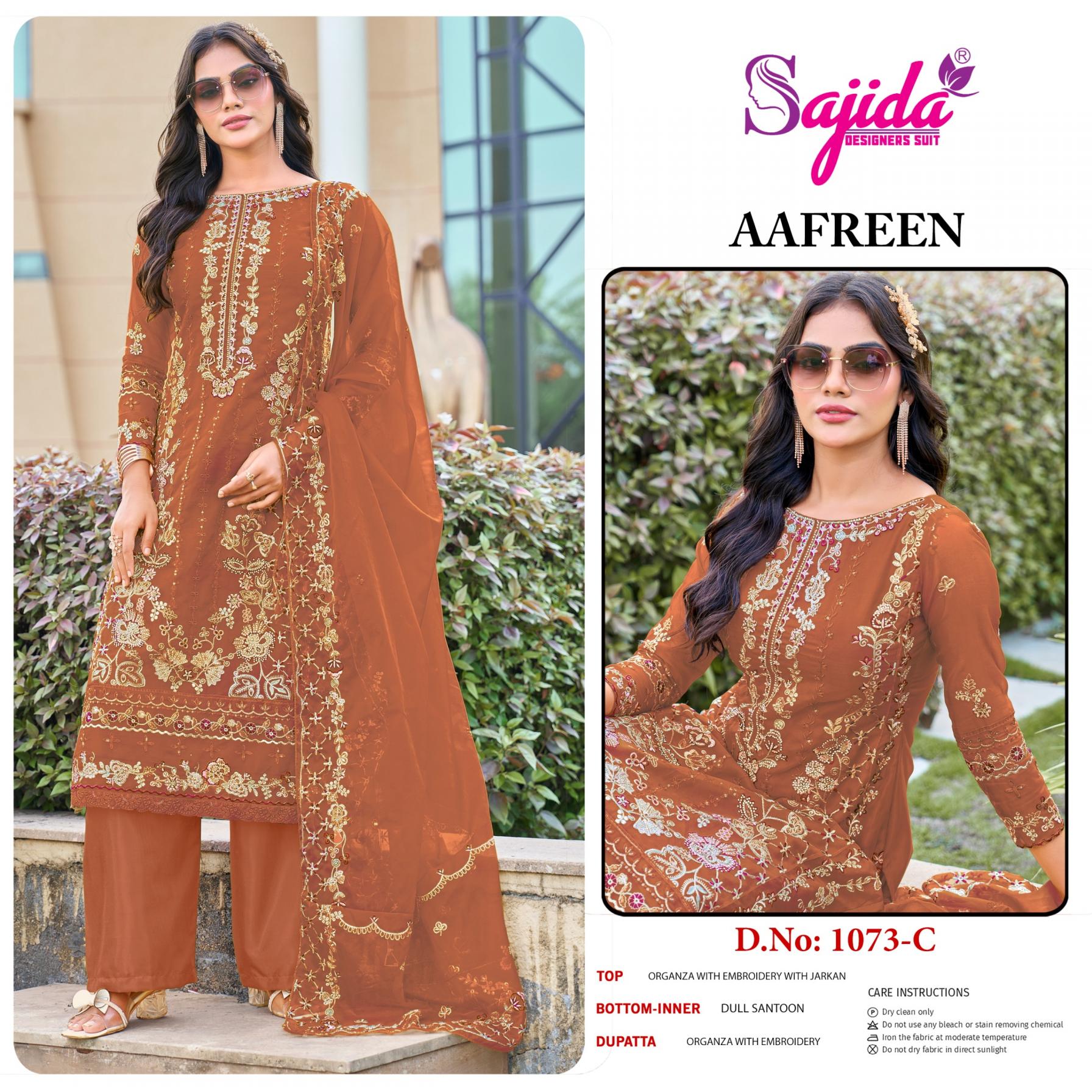 SAJIDA DESIGNER AAFREEN 1073 ORGANZA TRADITIONAL FULL STITCH PLUS SIZE PAKISTANI SUITS 