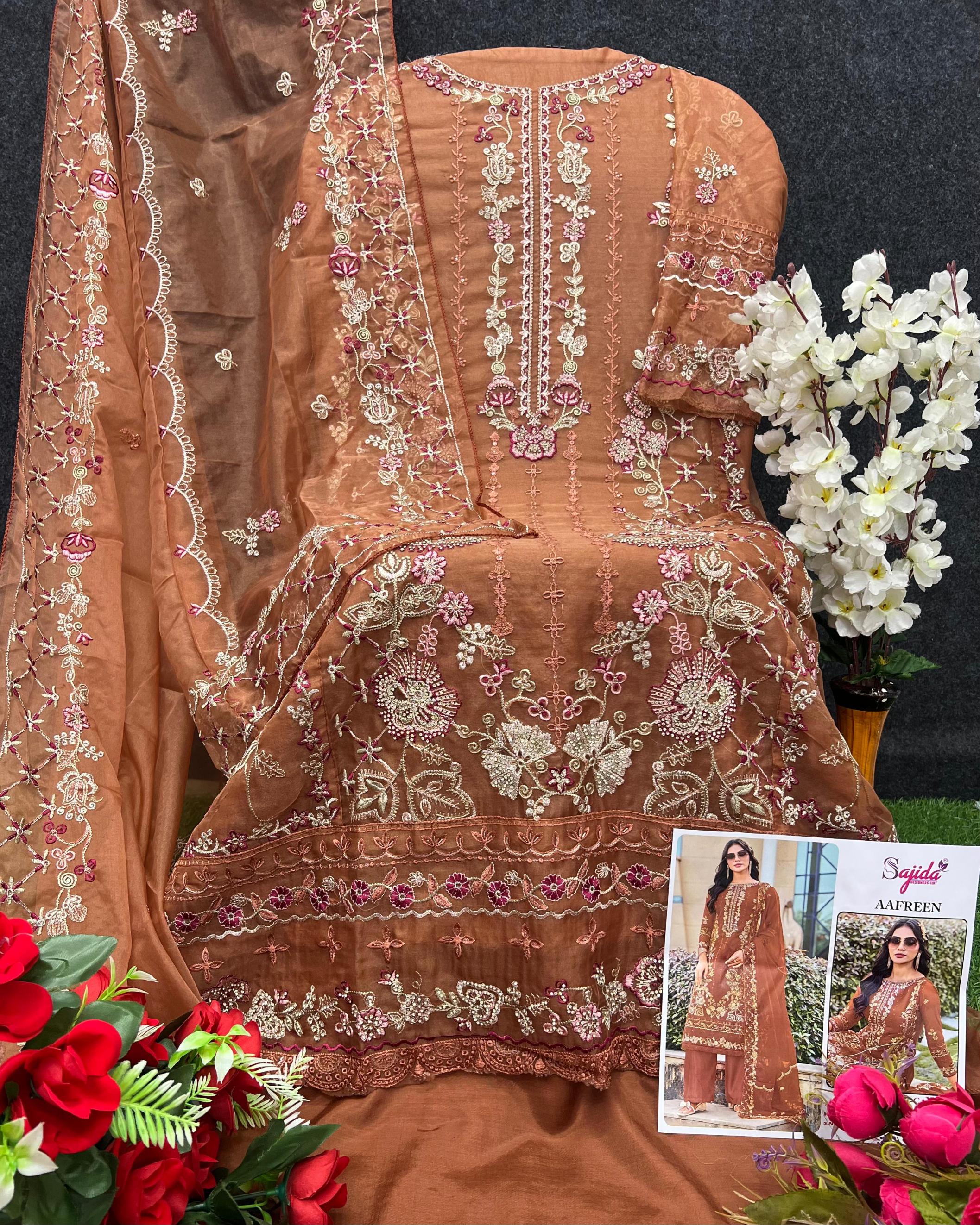 SAJIDA DESIGNER AAFREEN 1073 ORGANZA TRADITIONAL FULL STITCH PLUS SIZE PAKISTANI SUITS 
