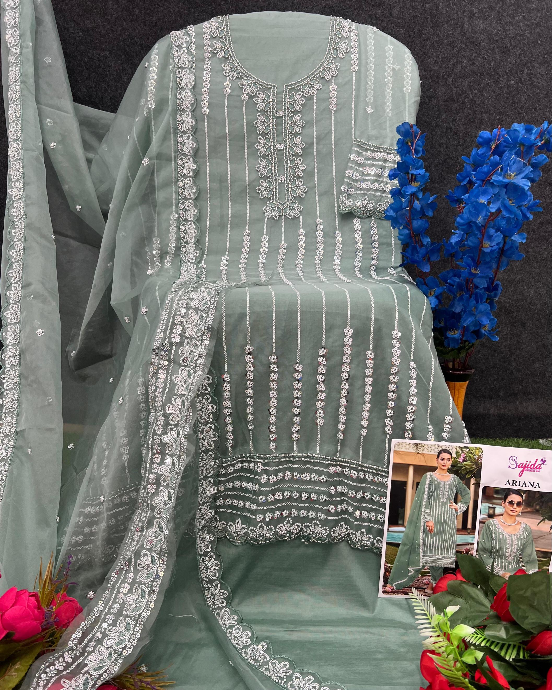SAJIDA DESIGNER ARIANA 1074 ORGANZA PAKISTANI FULL STITCH PLUS SIZE 3PCS DRESS
