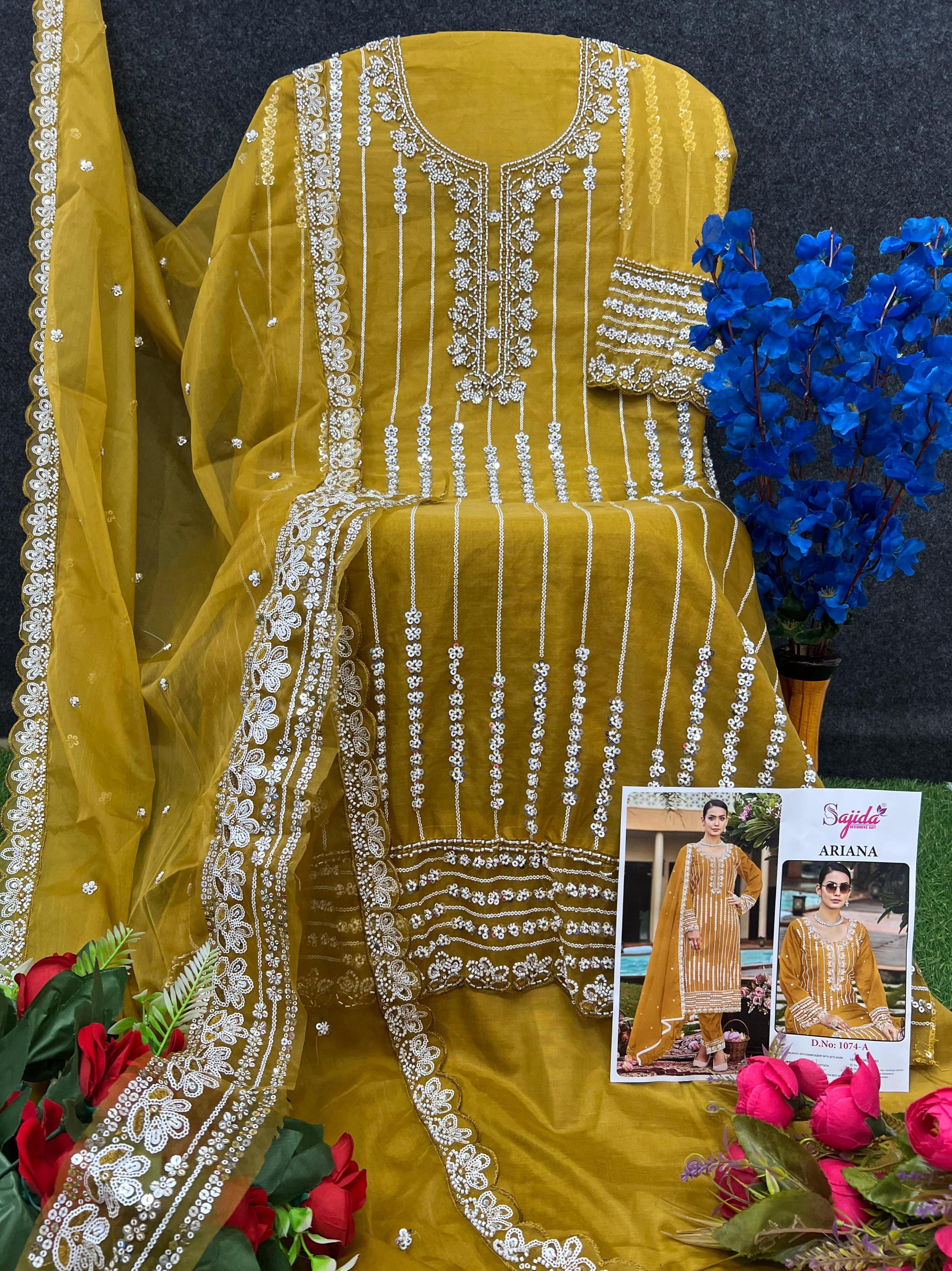 SAJIDA DESIGNER ARIANA 1074 ORGANZA PAKISTANI FULL STITCH PLUS SIZE 3PCS DRESS