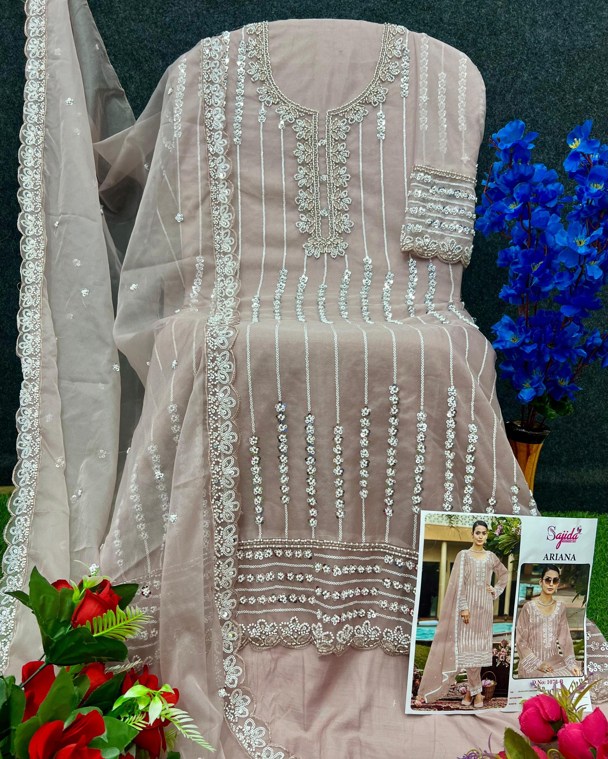 SAJIDA DESIGNER ARIANA 1074 ORGANZA PAKISTANI FULL STITCH PLUS SIZE 3PCS DRESS