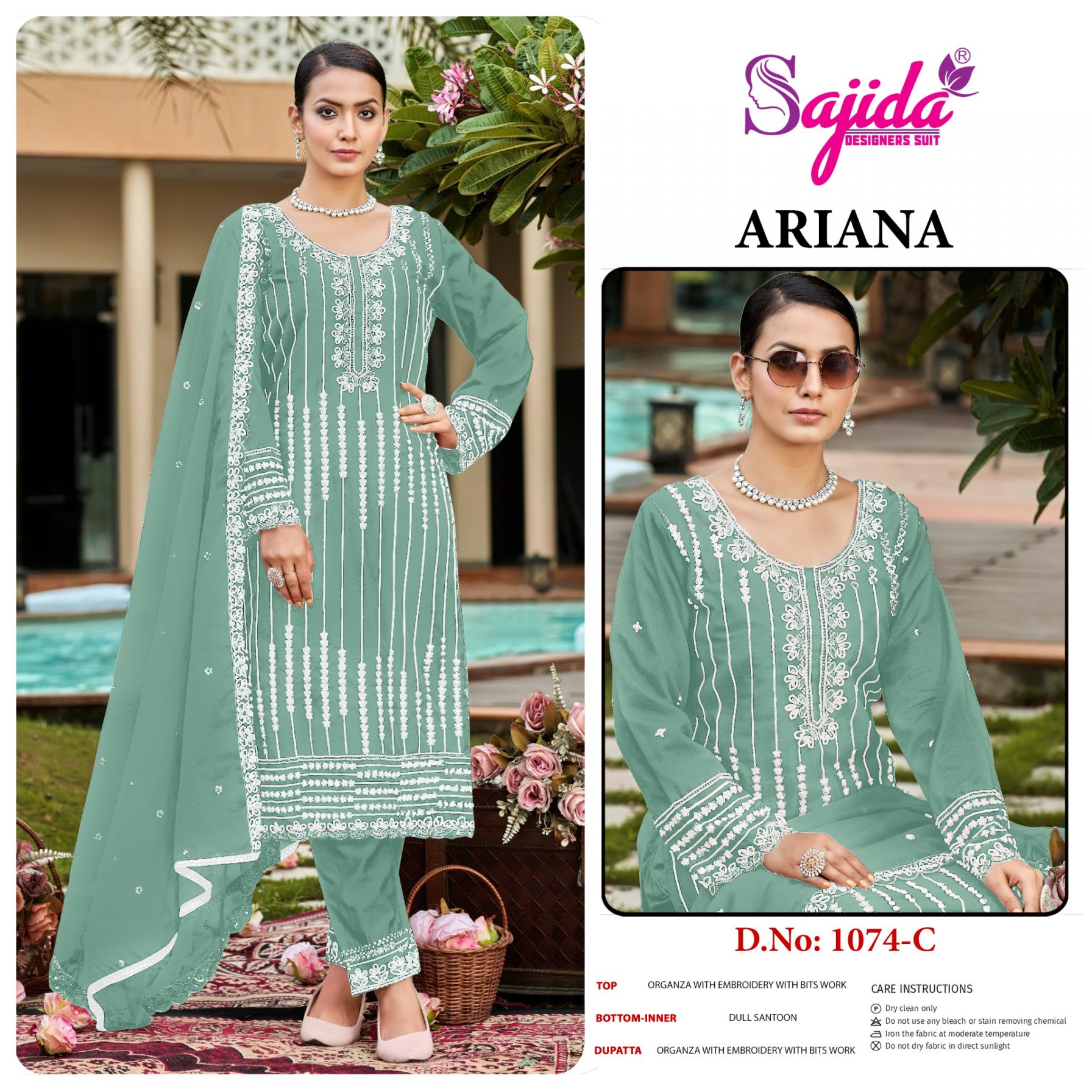 SAJIDA DESIGNER ARIANA 1074 ORGANZA PAKISTANI FULL STITCH PLUS SIZE 3PCS DRESS