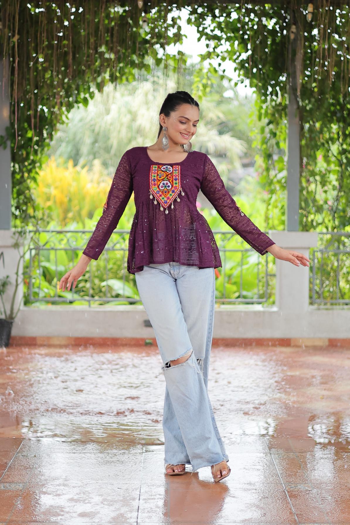 KA 1186 GEORGETTE SCHIFFLI WORK FULL STITCH NAVRATRI TOPS ONLINE 