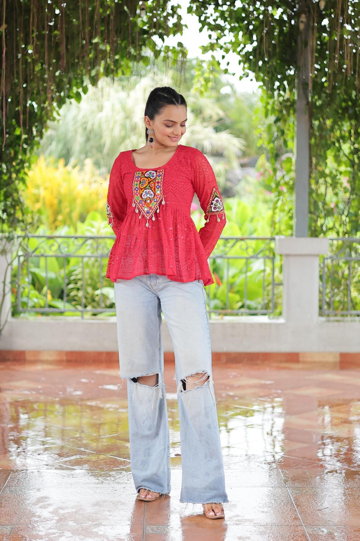 KA 1186 GEORGETTE SCHIFFLI WORK FULL STITCH NAVRATRI TOPS ONLINE 