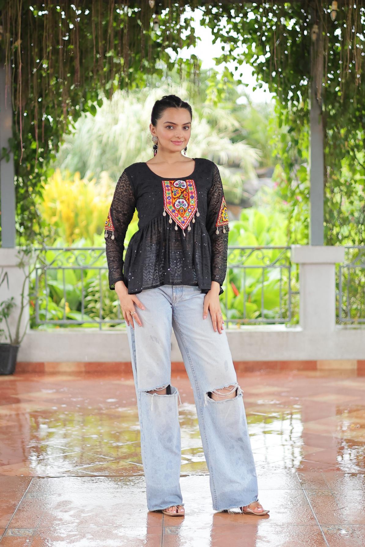 KA 1186 GEORGETTE SCHIFFLI WORK FULL STITCH NAVRATRI TOPS ONLINE 