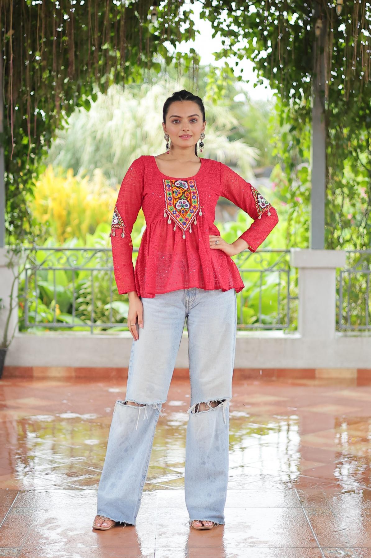 KA 1186 GEORGETTE SCHIFFLI WORK FULL STITCH NAVRATRI TOPS ONLINE 