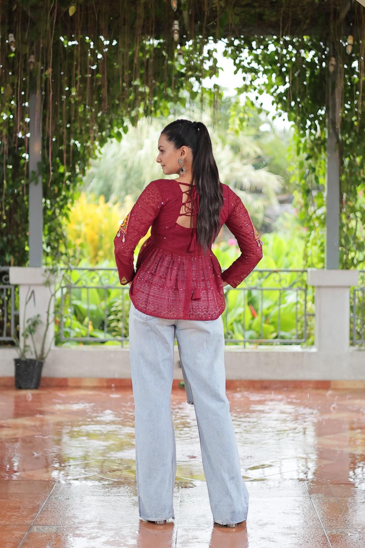 KA 1186 GEORGETTE SCHIFFLI WORK FULL STITCH NAVRATRI TOPS ONLINE 