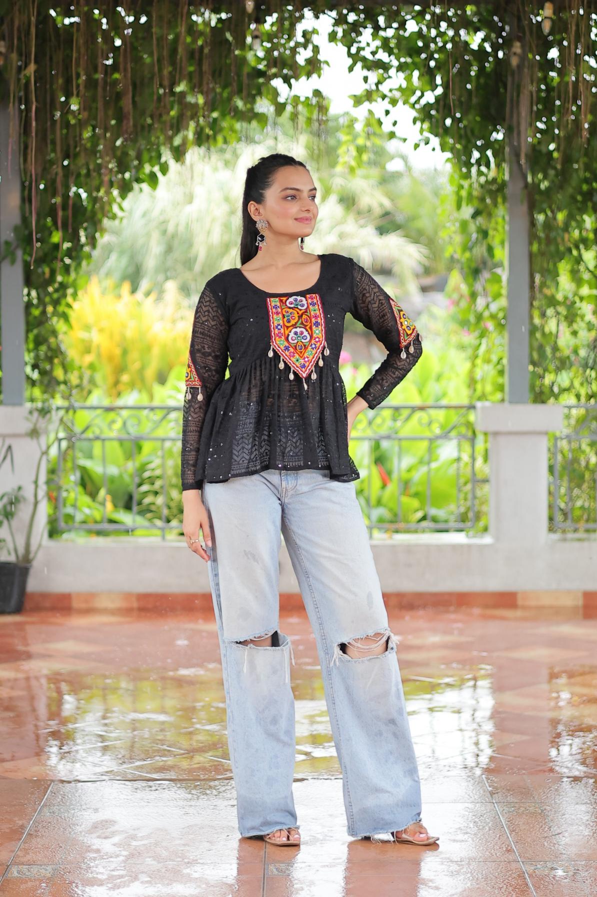 KA 1186 GEORGETTE SCHIFFLI WORK FULL STITCH NAVRATRI TOPS ONLINE 