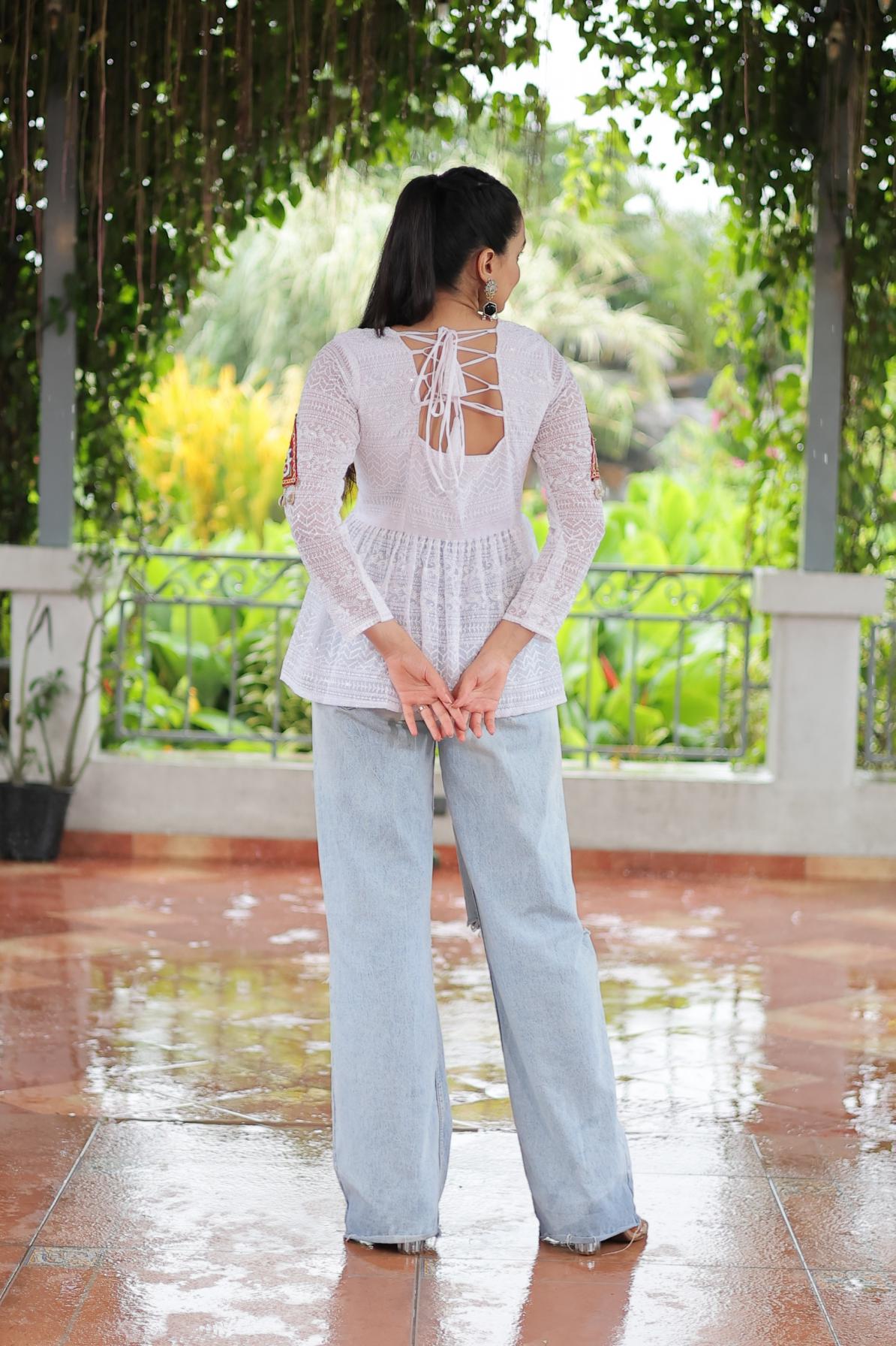 KA 1186 GEORGETTE SCHIFFLI WORK FULL STITCH NAVRATRI TOPS ONLINE 