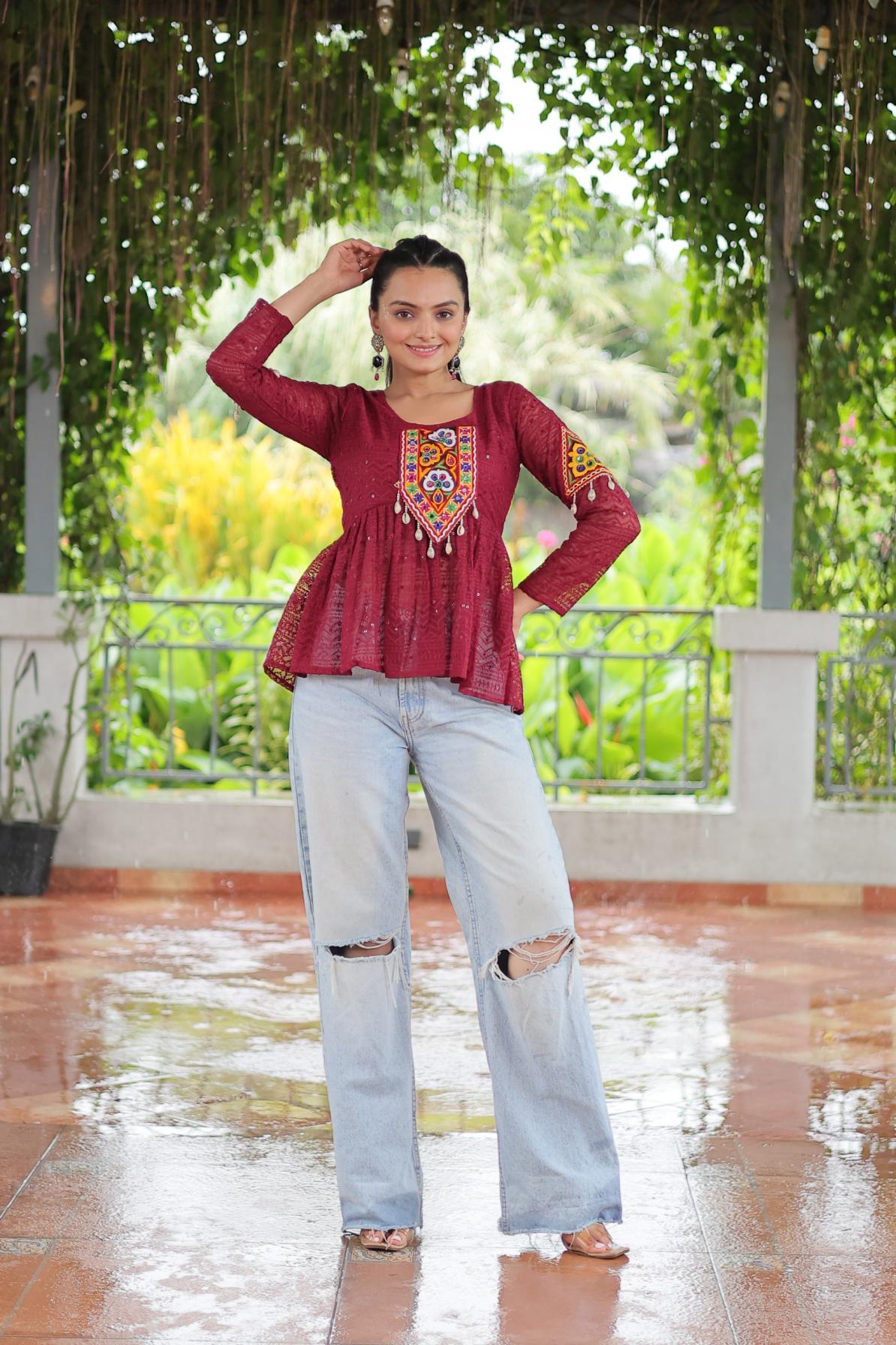 KA 1186 GEORGETTE SCHIFFLI WORK FULL STITCH NAVRATRI TOPS ONLINE 