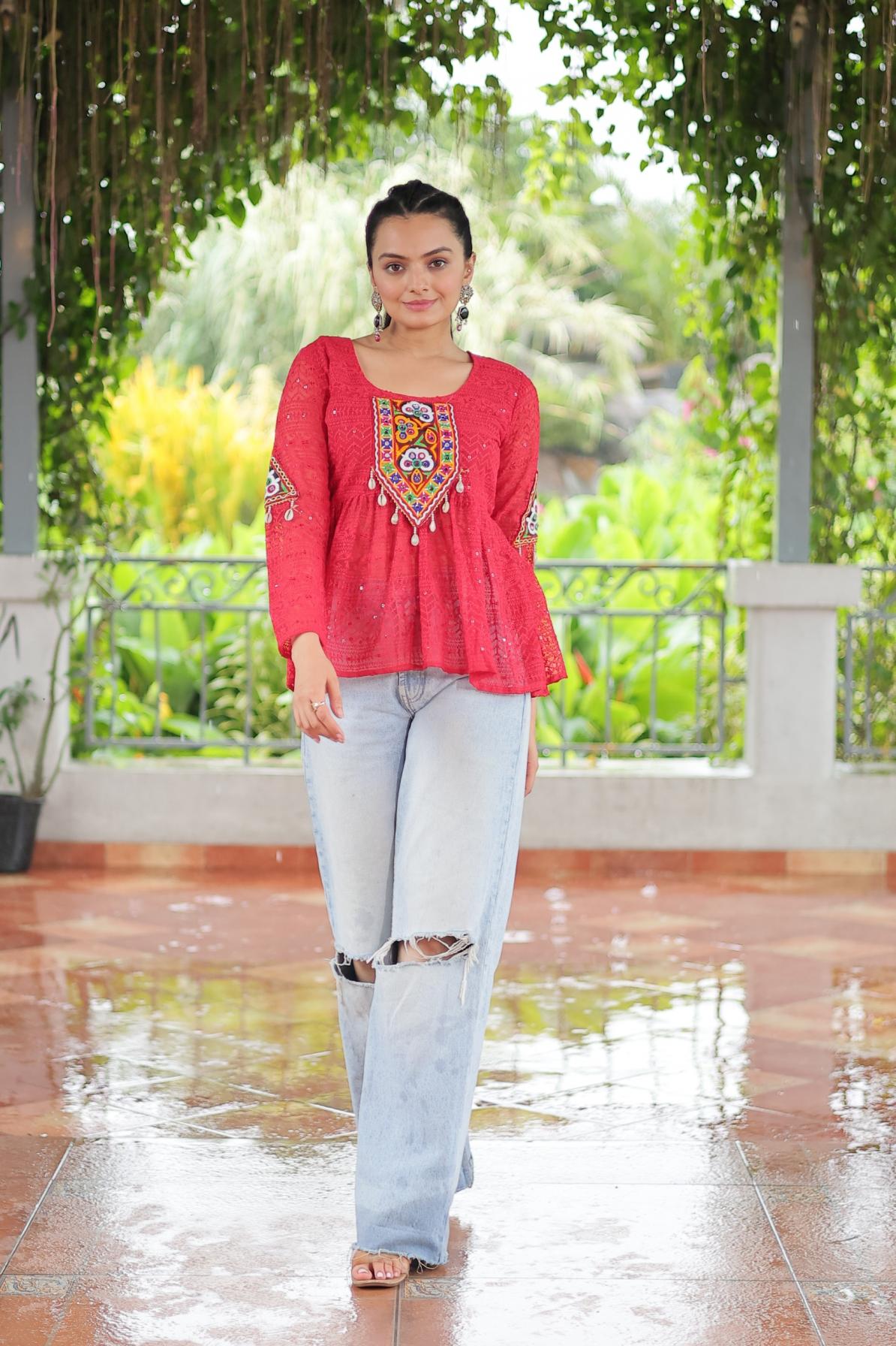 KA 1186 GEORGETTE SCHIFFLI WORK FULL STITCH NAVRATRI TOPS ONLINE 