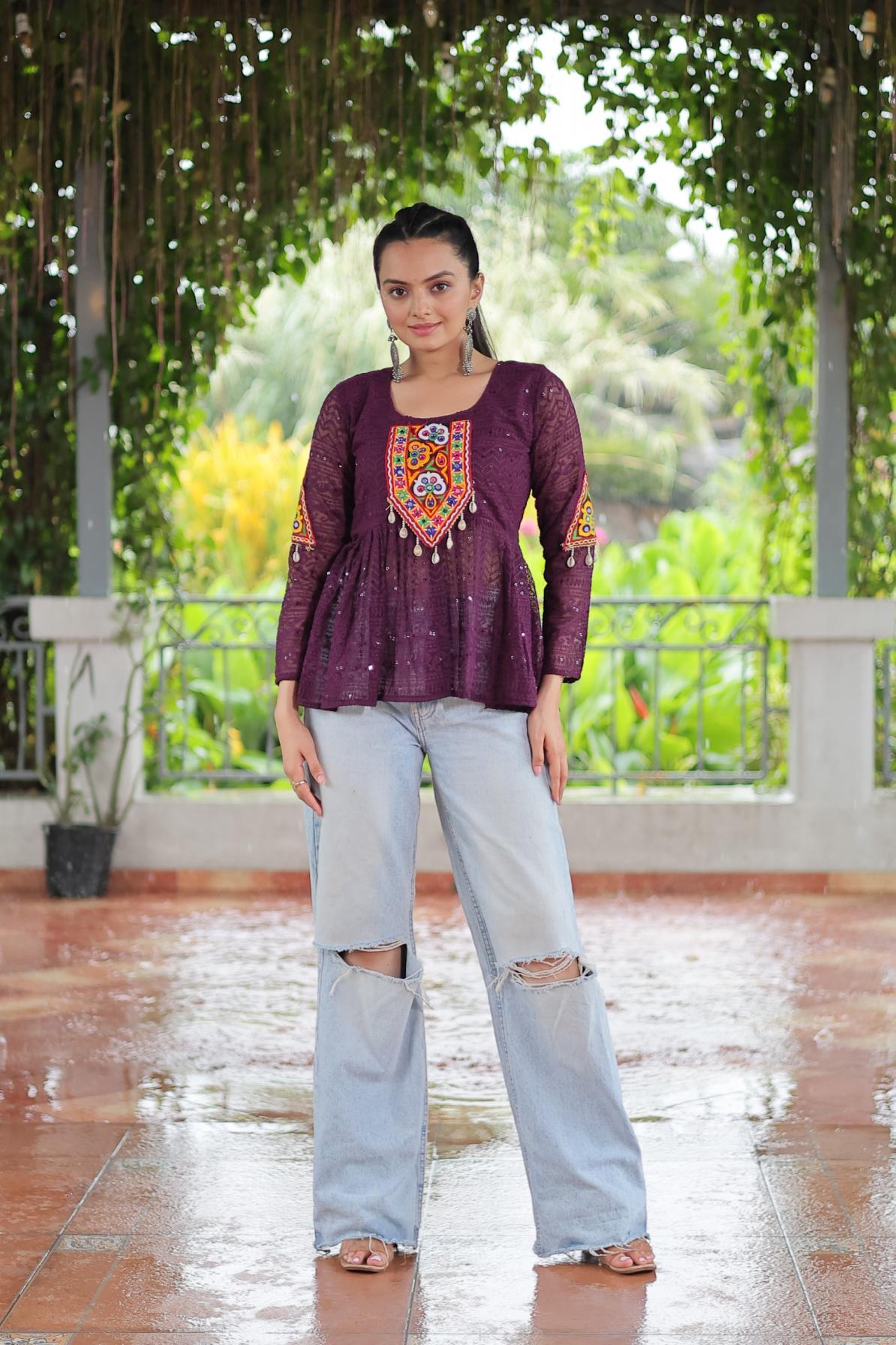 KA 1186 GEORGETTE SCHIFFLI WORK FULL STITCH NAVRATRI TOPS ONLINE 