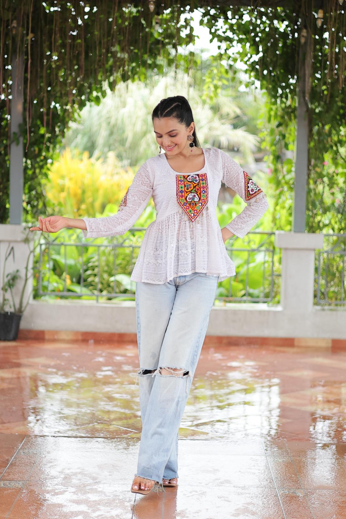 KA 1186 GEORGETTE SCHIFFLI WORK FULL STITCH NAVRATRI TOPS ONLINE 