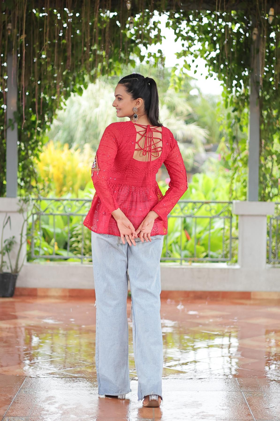 KA 1186 GEORGETTE SCHIFFLI WORK FULL STITCH NAVRATRI TOPS ONLINE 