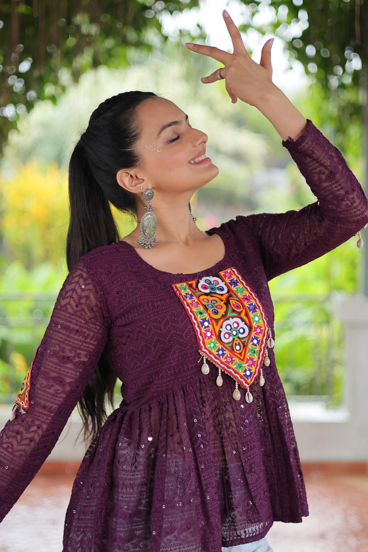 KA 1186 GEORGETTE SCHIFFLI WORK FULL STITCH NAVRATRI TOPS ONLINE 