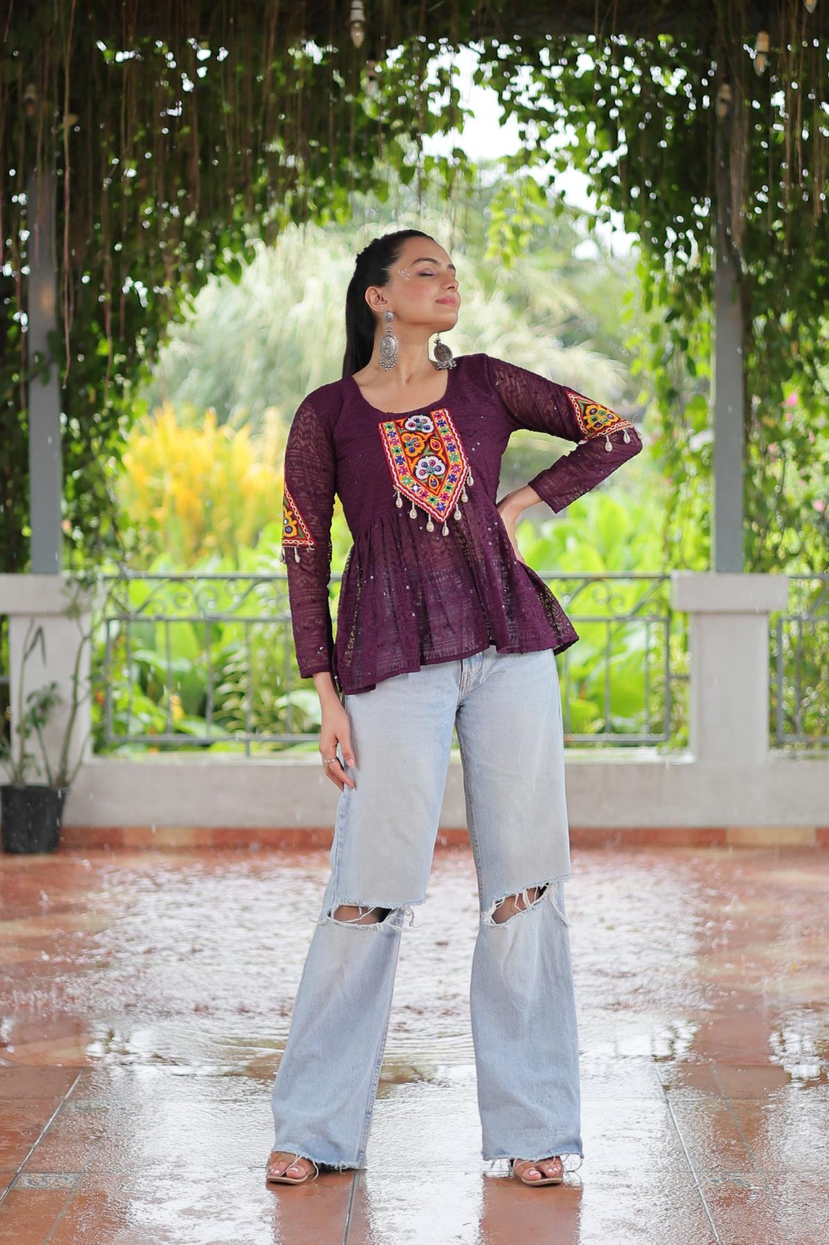 KA 1186 GEORGETTE SCHIFFLI WORK FULL STITCH NAVRATRI TOPS ONLINE 