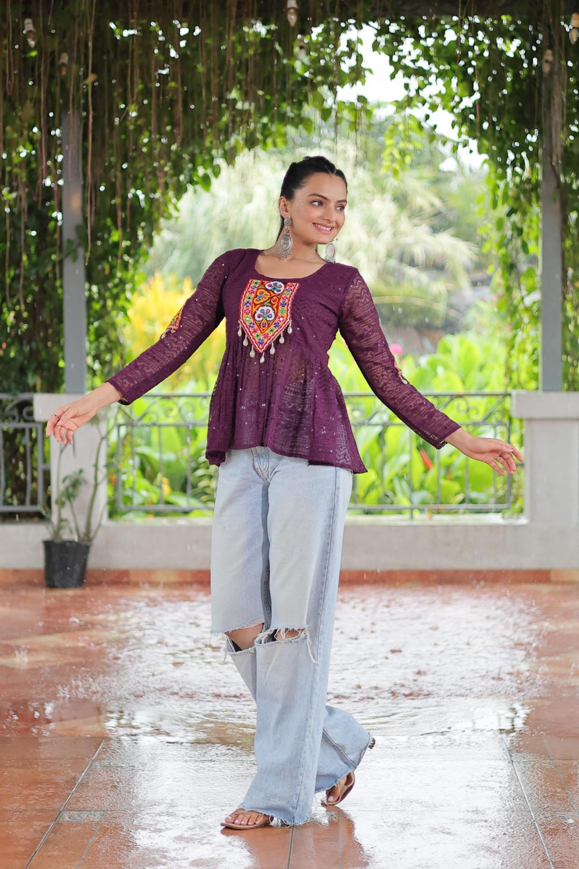 KA 1186 GEORGETTE SCHIFFLI WORK FULL STITCH NAVRATRI TOPS ONLINE 