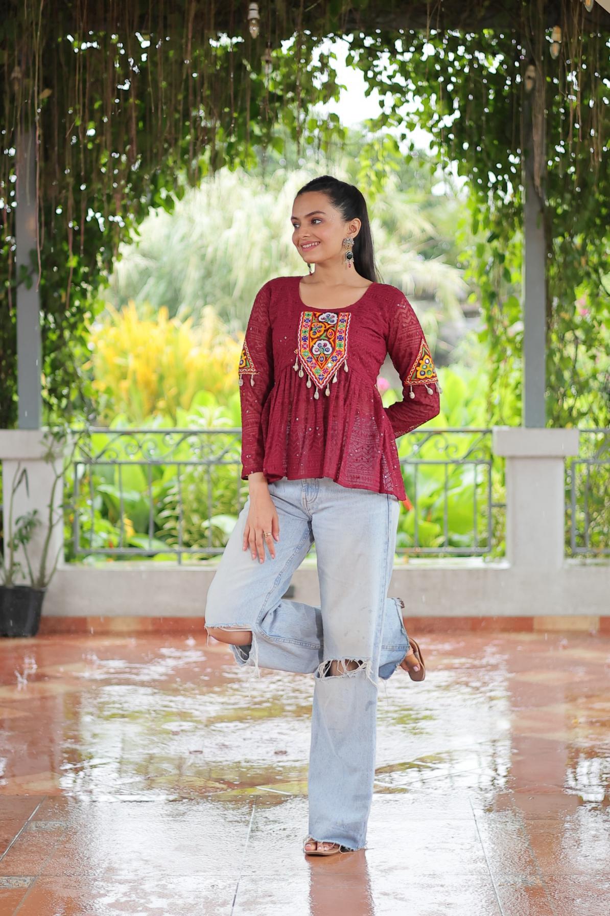 KA 1186 GEORGETTE SCHIFFLI WORK FULL STITCH NAVRATRI TOPS ONLINE 