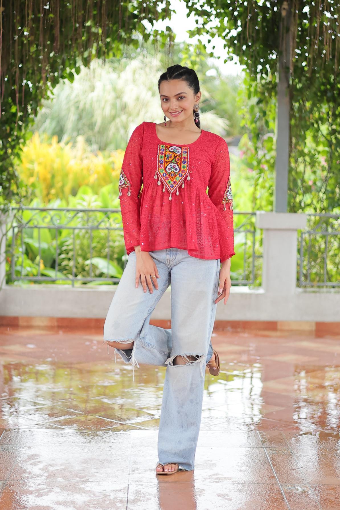 KA 1186 GEORGETTE SCHIFFLI WORK FULL STITCH NAVRATRI TOPS ONLINE 