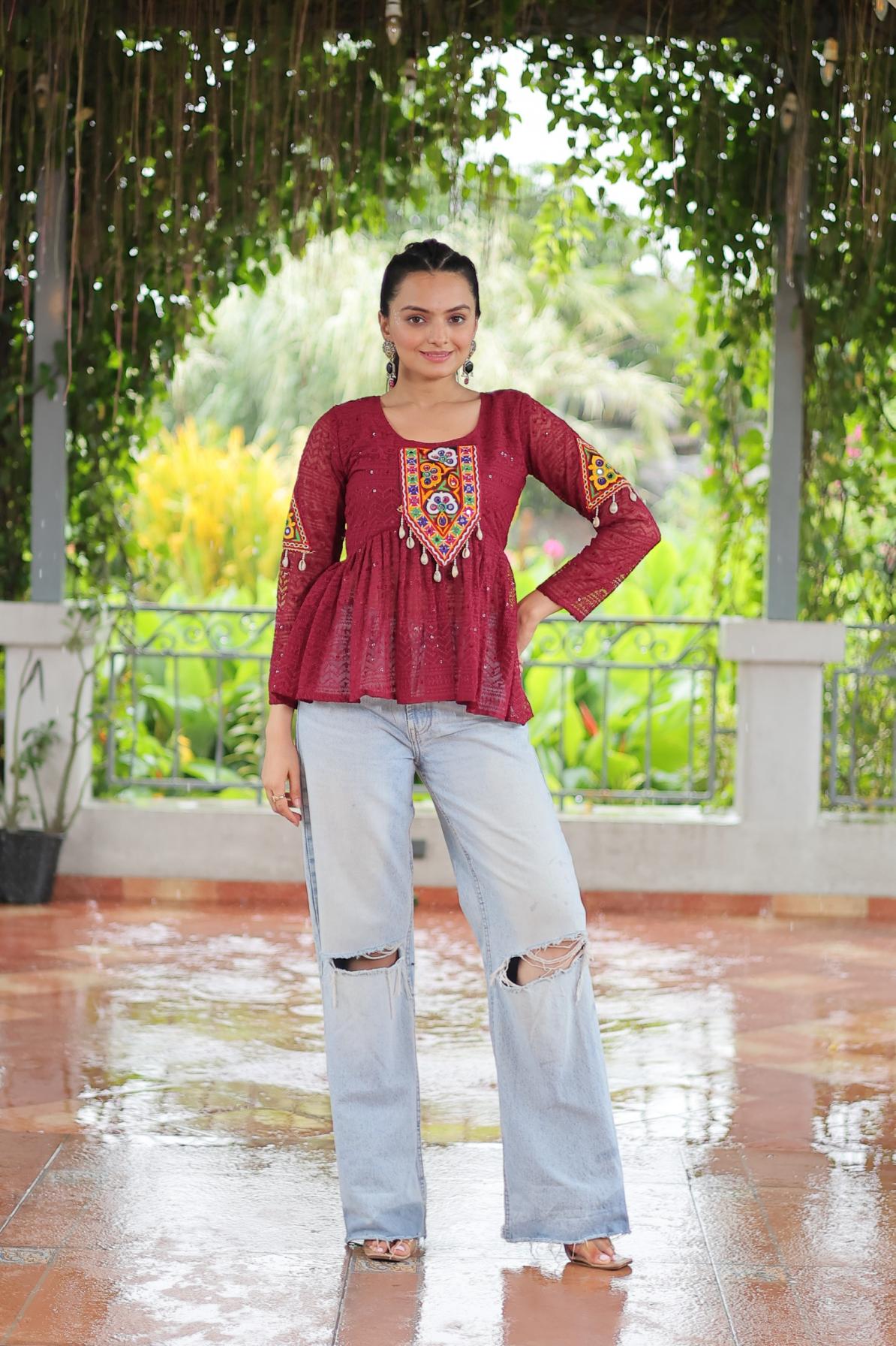 KA 1186 GEORGETTE SCHIFFLI WORK FULL STITCH NAVRATRI TOPS ONLINE 