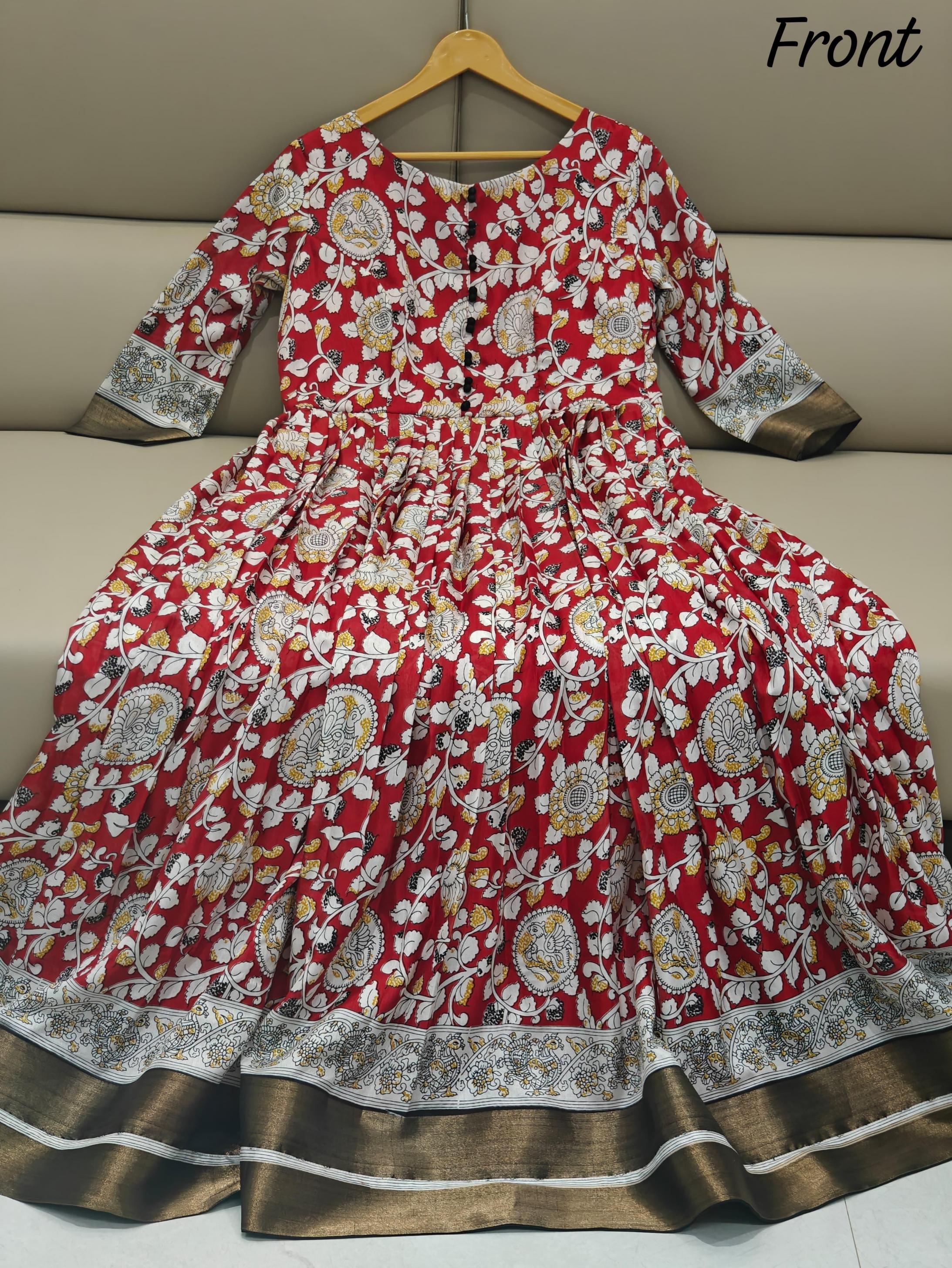 RED KALAMKARI READYMADE PLUS SIZE SILK BLEND CLASSIC GOWN ONLINE 