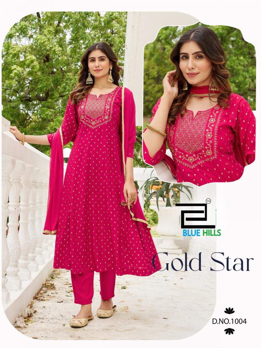 BLUE HILLS STAR GOLD RAYON FULLY STITCH STYLISH PLUS SIZE 3PCS DRESS