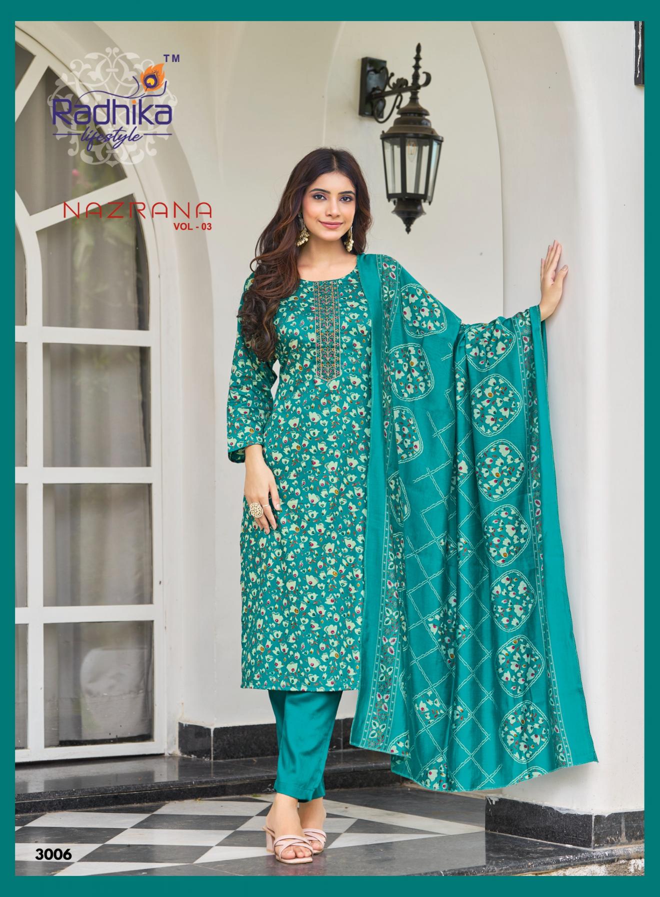 NAZRANA VOL 3 BY RADHIKA LIFESTYLE JAM SATIN READYMADE PLUS SIZE SUITS 