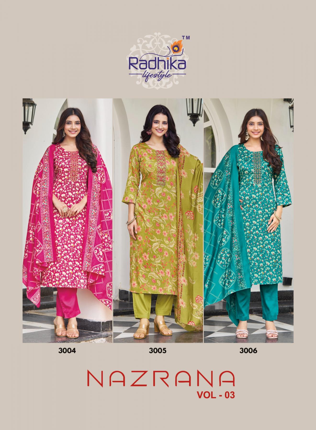 NAZRANA VOL 3 BY RADHIKA LIFESTYLE JAM SATIN READYMADE PLUS SIZE SUITS 