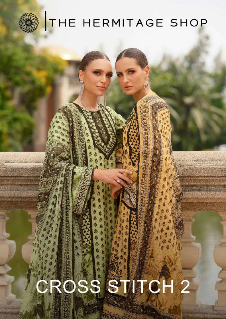 CROSS STITCH VOL 2 BY THE HERMITAGE SHOP VISCOSE LAWN READYMADE BIG SIZE PAKISTANI SUITS 