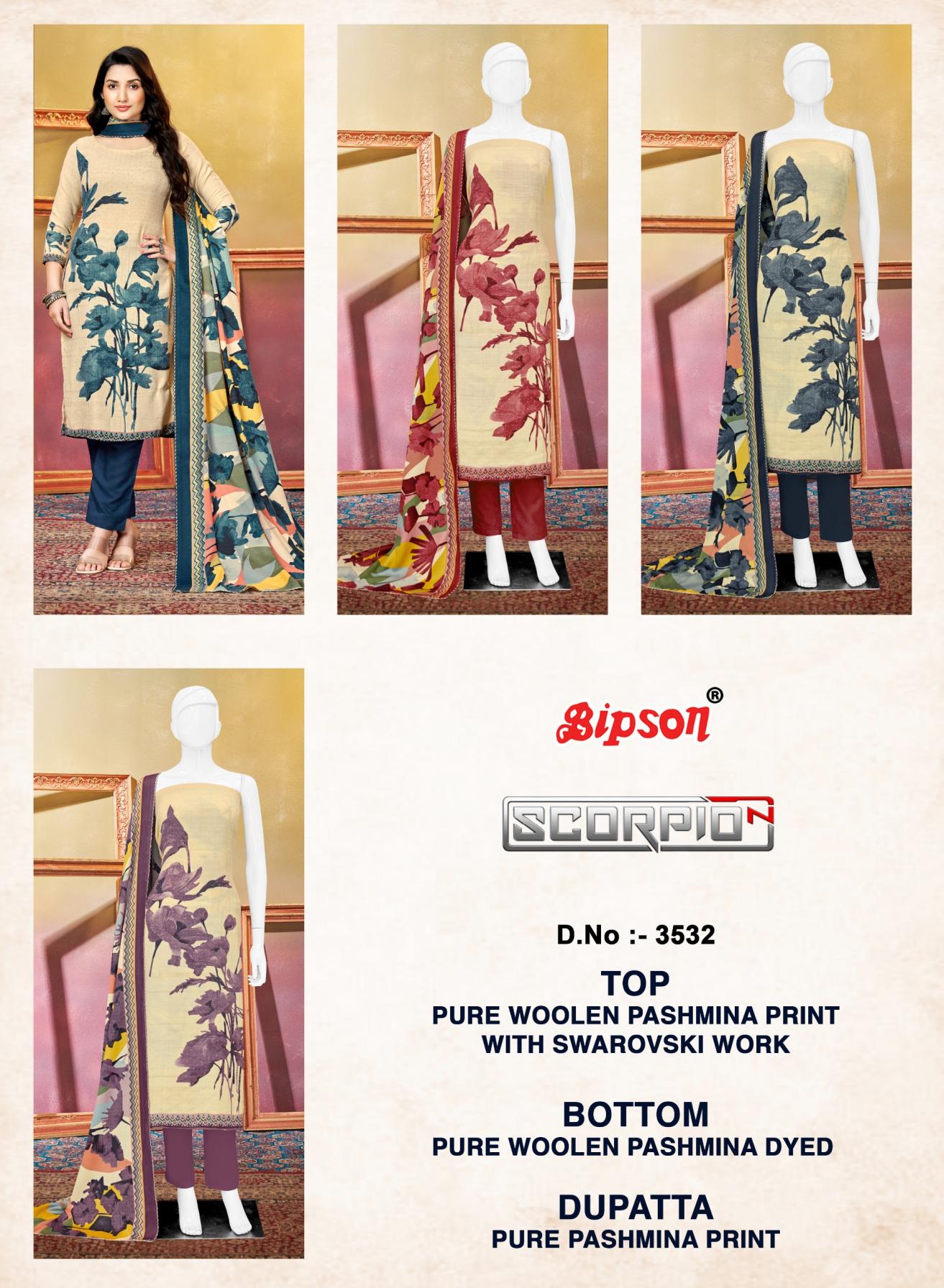 SCORPIO 3532 BY BIPSON PRINTS PRETTY WOOLLEN PASHMINA SUITS 