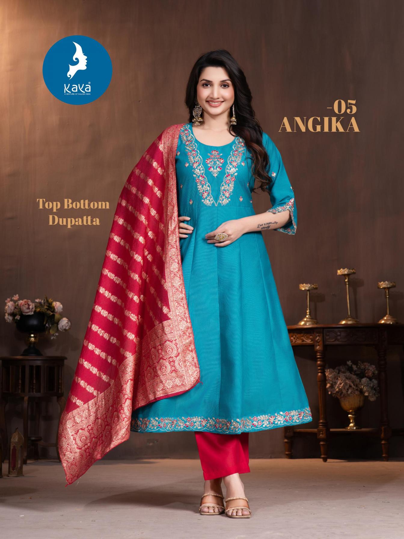 ANGIKA BY KAYA GADHWAL SILK FANCY ANARKALI FULL STITCH BIG SIZE 3PCS DRESS