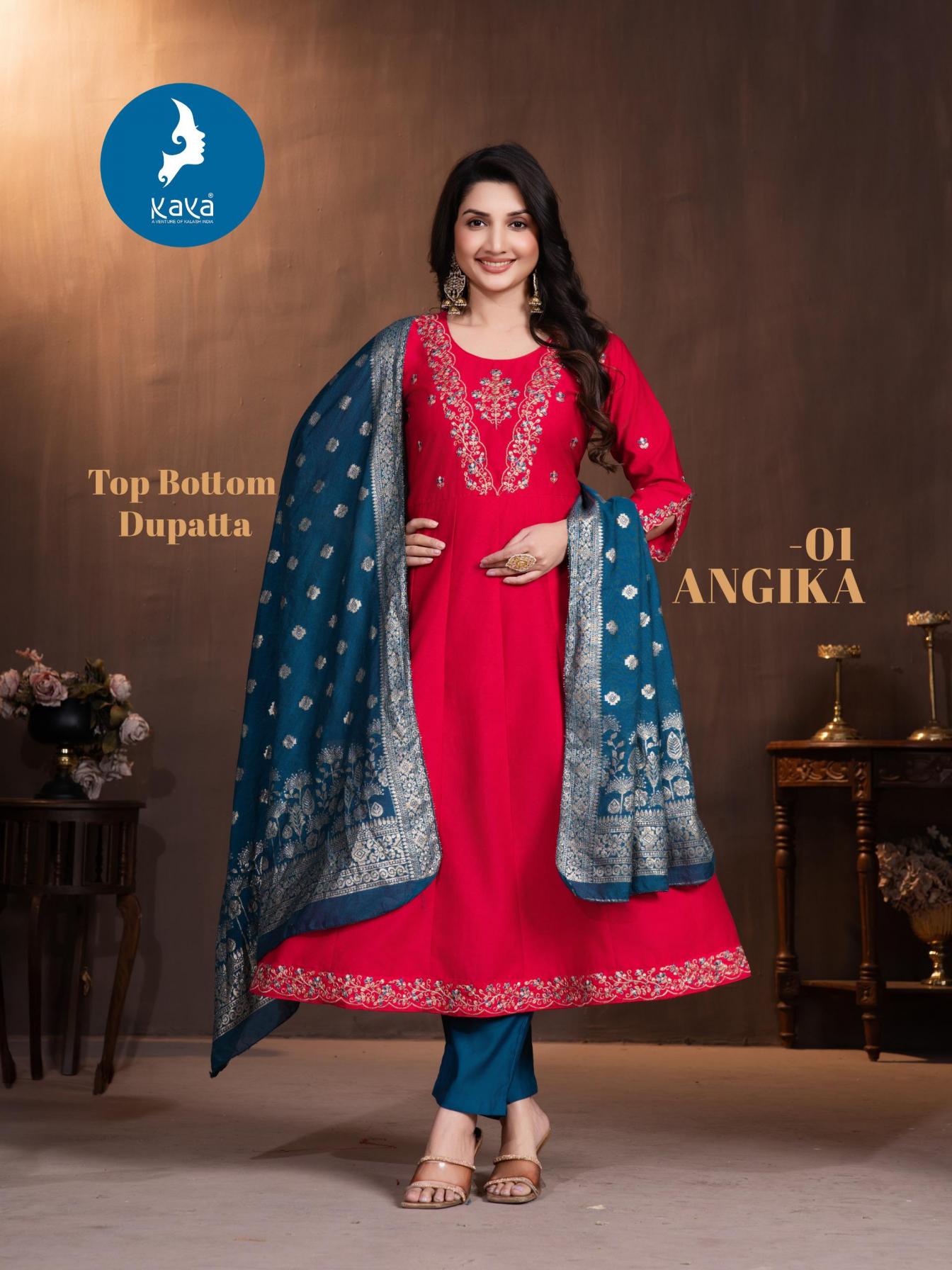 ANGIKA BY KAYA GADHWAL SILK FANCY ANARKALI FULL STITCH BIG SIZE 3PCS DRESS
