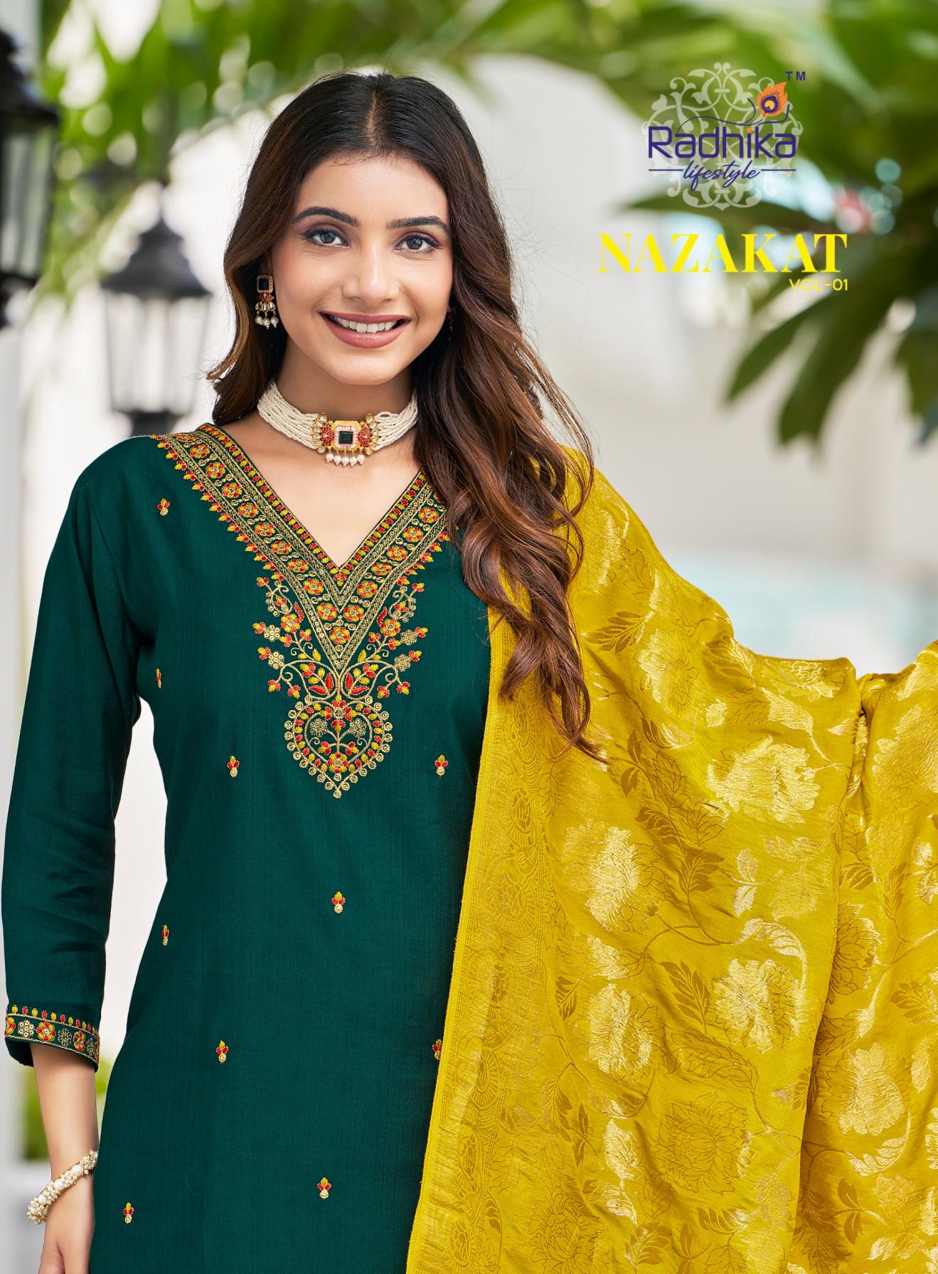 NAZAKAT VOL 1 BY RADHIKA LIFESTYLE VERTICAN SILK READYMADE PLUS SIZE SUITS 
