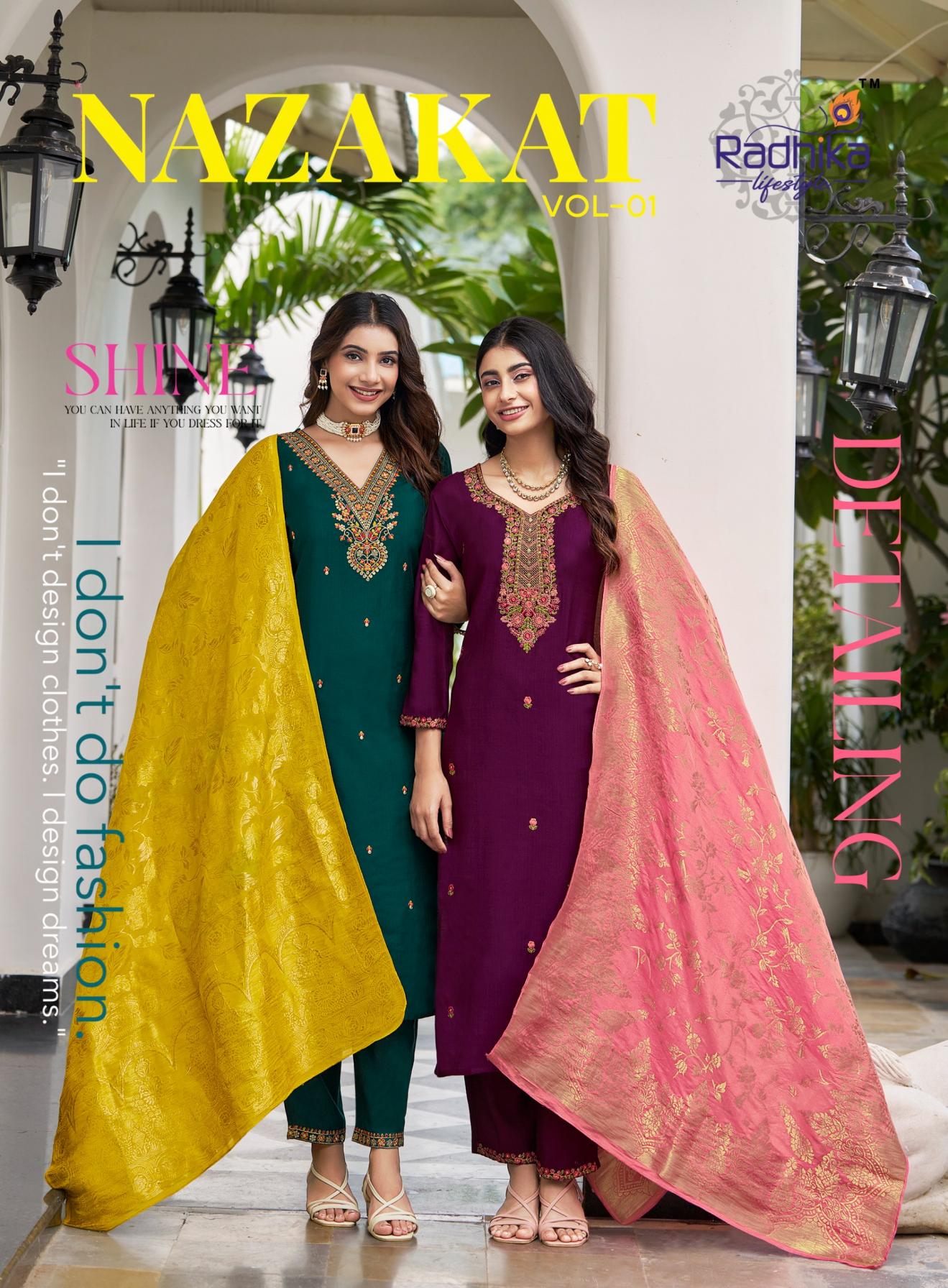 NAZAKAT VOL 1 BY RADHIKA LIFESTYLE VERTICAN SILK READYMADE PLUS SIZE SUITS 