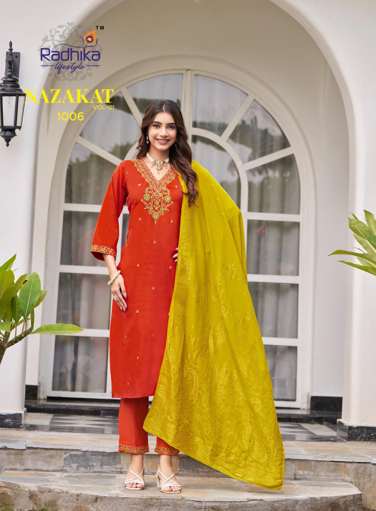 NAZAKAT VOL 1 BY RADHIKA LIFESTYLE VERTICAN SILK READYMADE PLUS SIZE SUITS 