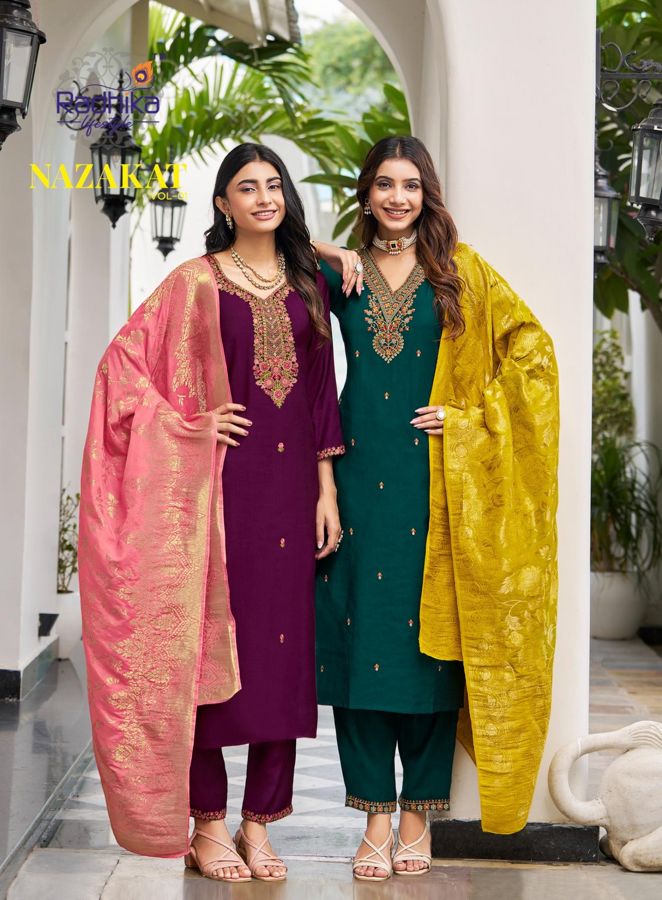 NAZAKAT VOL 1 BY RADHIKA LIFESTYLE VERTICAN SILK READYMADE PLUS SIZE SUITS 
