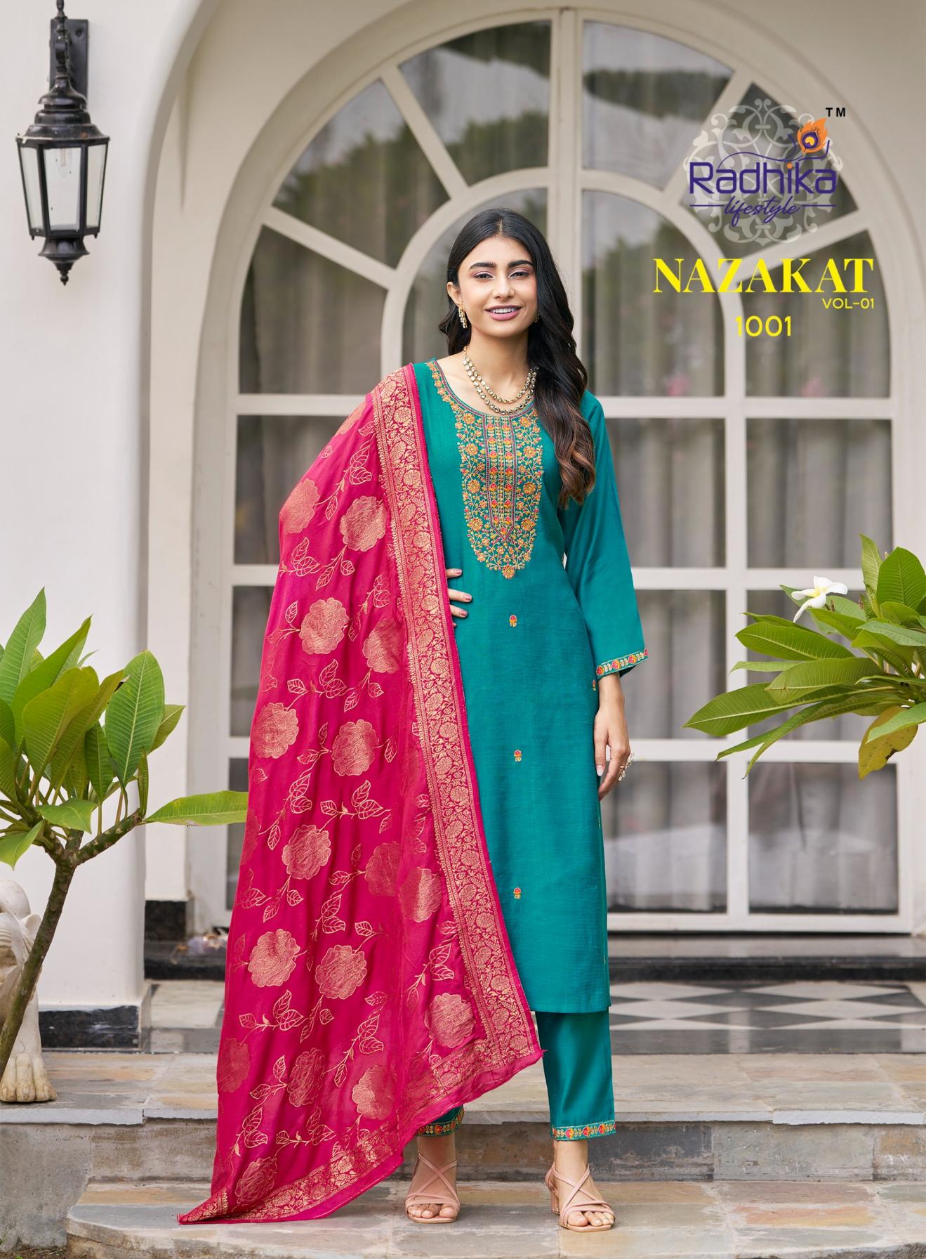 NAZAKAT VOL 1 BY RADHIKA LIFESTYLE VERTICAN SILK READYMADE PLUS SIZE SUITS 