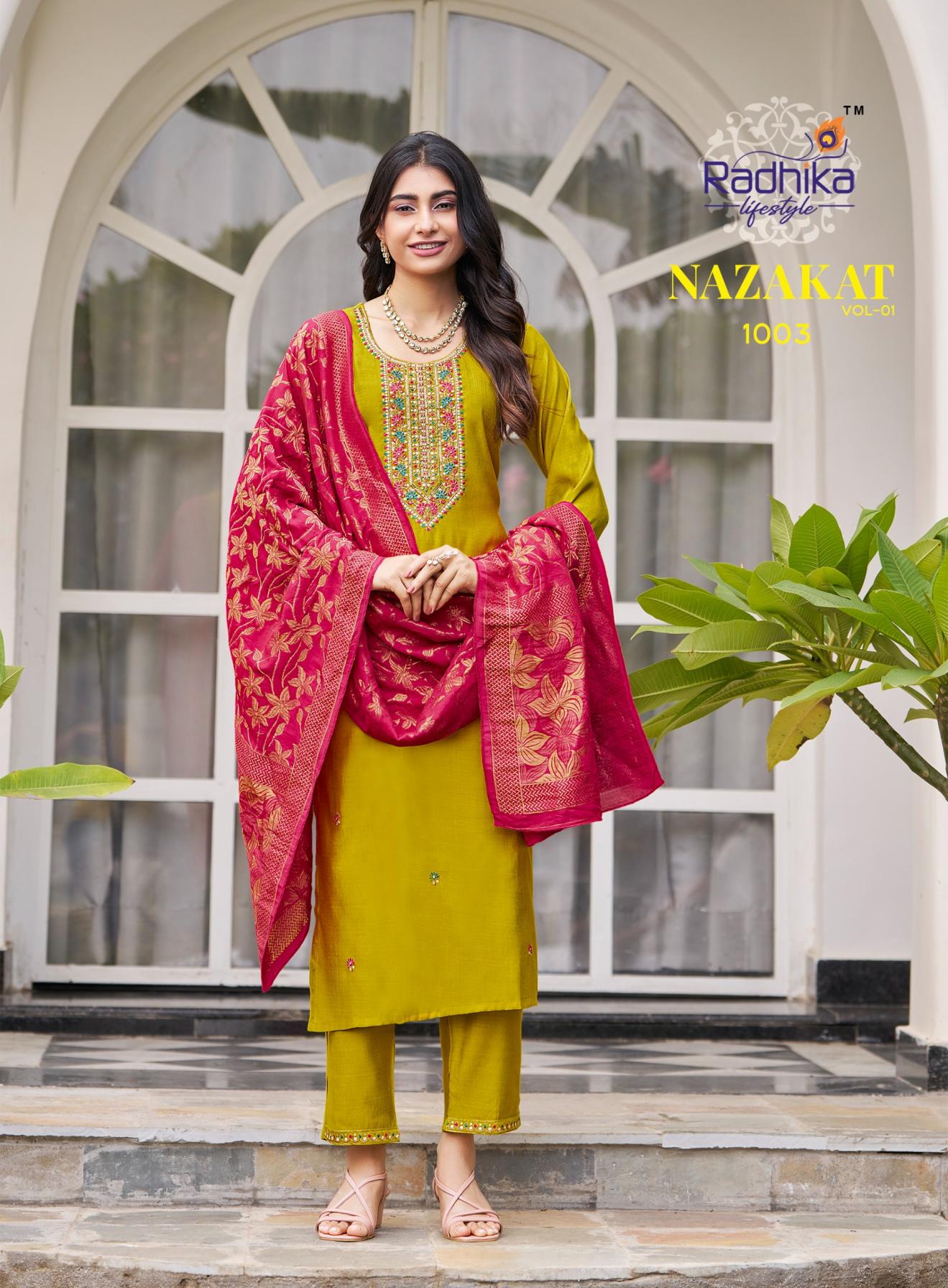 NAZAKAT VOL 1 BY RADHIKA LIFESTYLE VERTICAN SILK READYMADE PLUS SIZE SUITS 