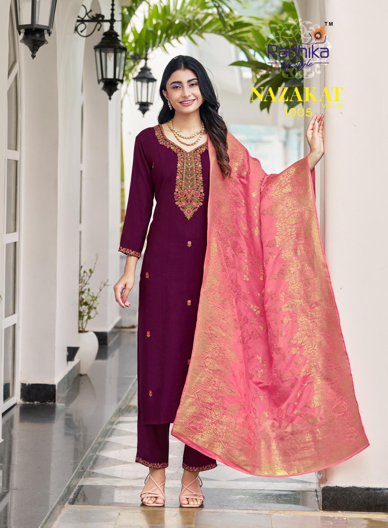 NAZAKAT VOL 1 BY RADHIKA LIFESTYLE VERTICAN SILK READYMADE PLUS SIZE SUITS 