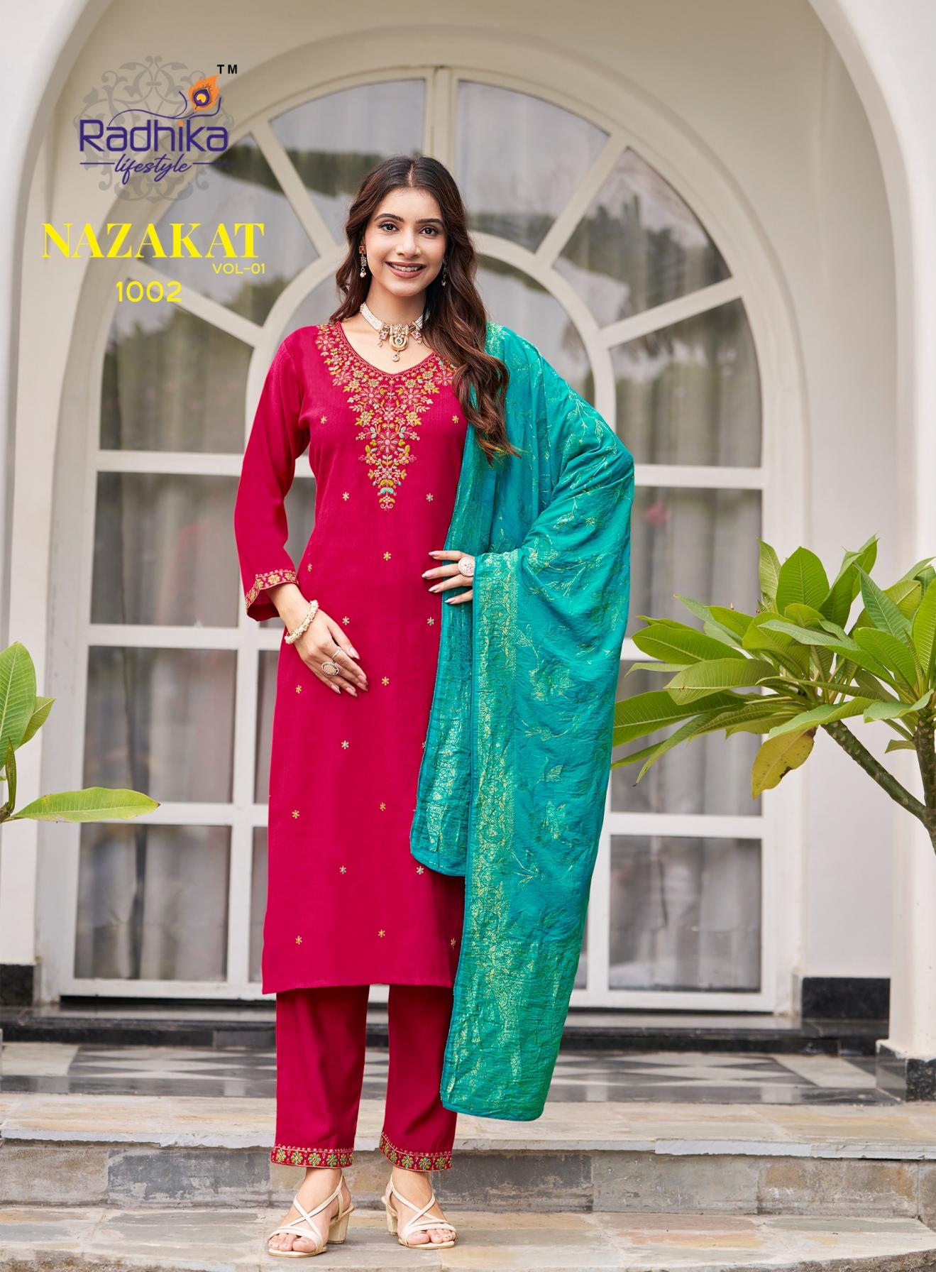NAZAKAT VOL 1 BY RADHIKA LIFESTYLE VERTICAN SILK READYMADE PLUS SIZE SUITS 